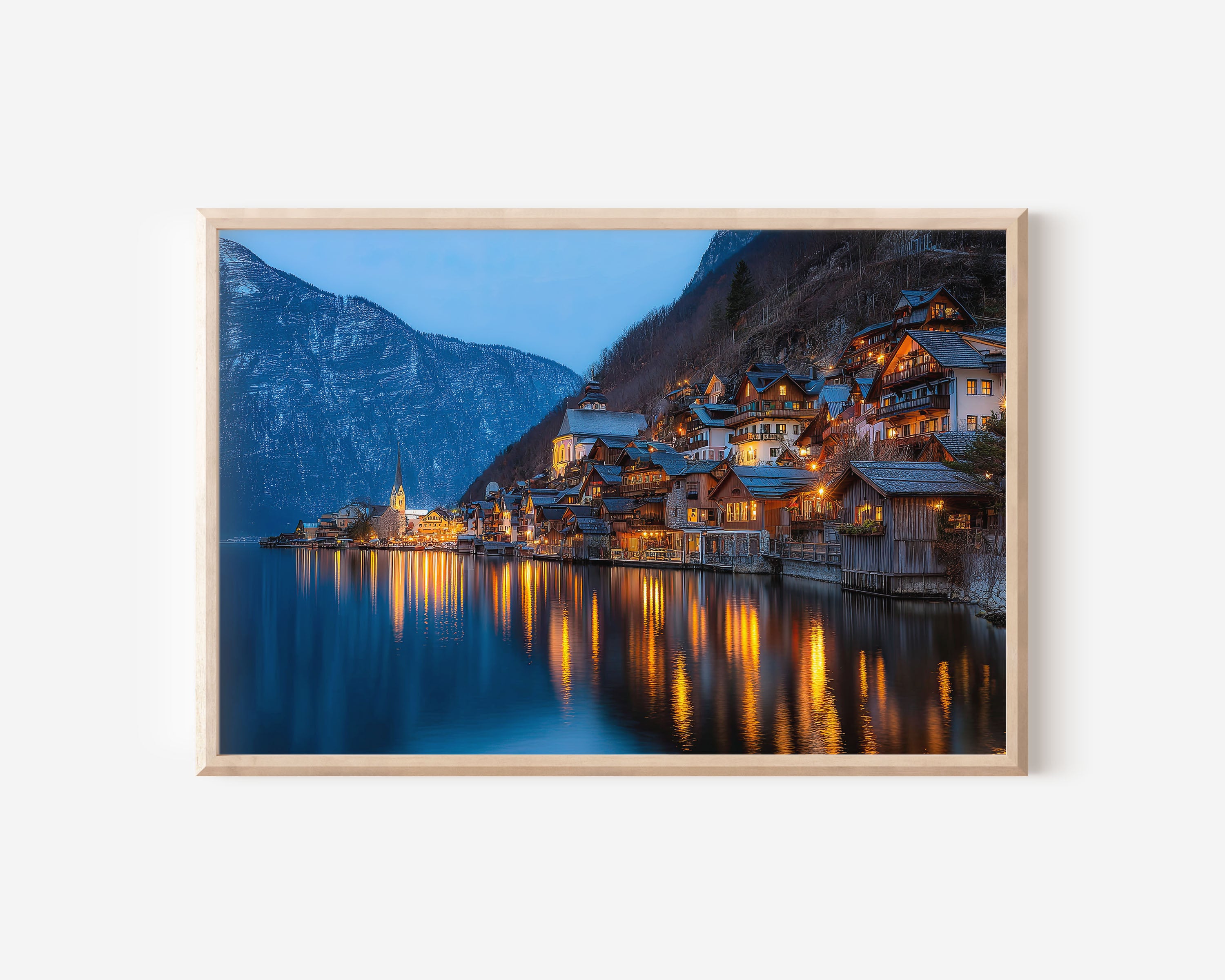 Hallstatt Austria Lakeside Village Wall Art Print – Alpine Night Reflection