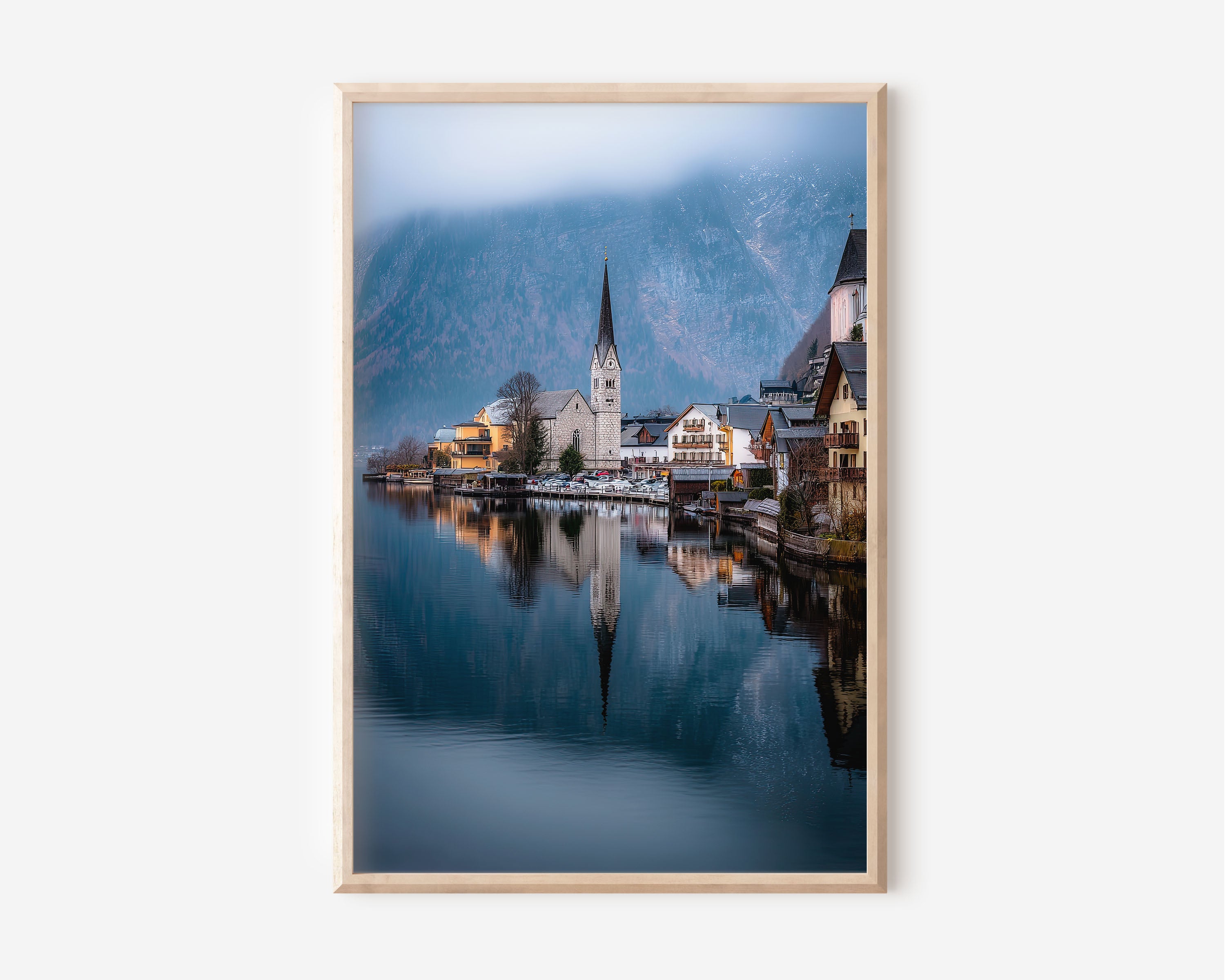 Hallstatt Austria Print | Austrian Lake Village Wall Art | Hallstatt Church Reflection Landscape Photography Poster