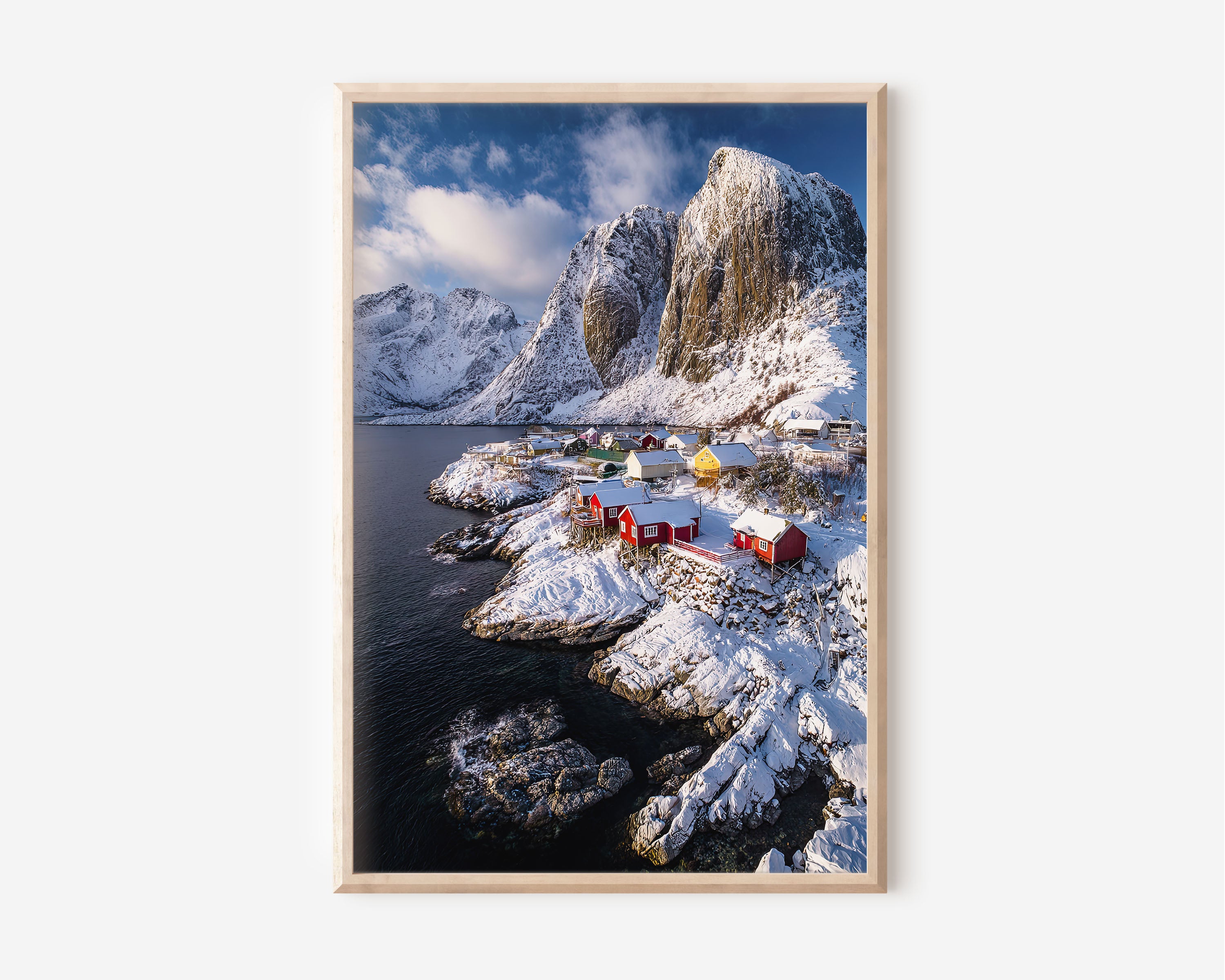 Hamnøy Lofoten Aerial Winter Wall Art Print | Norway Fishing Village Snow Photography | Red Rorbuer Arctic Mountain Poster