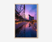 Helix Bridge Marina Bay Sands Purple Sunset Wall Art | Singapore Skyline Reflection Print | Modern City Travel Photography