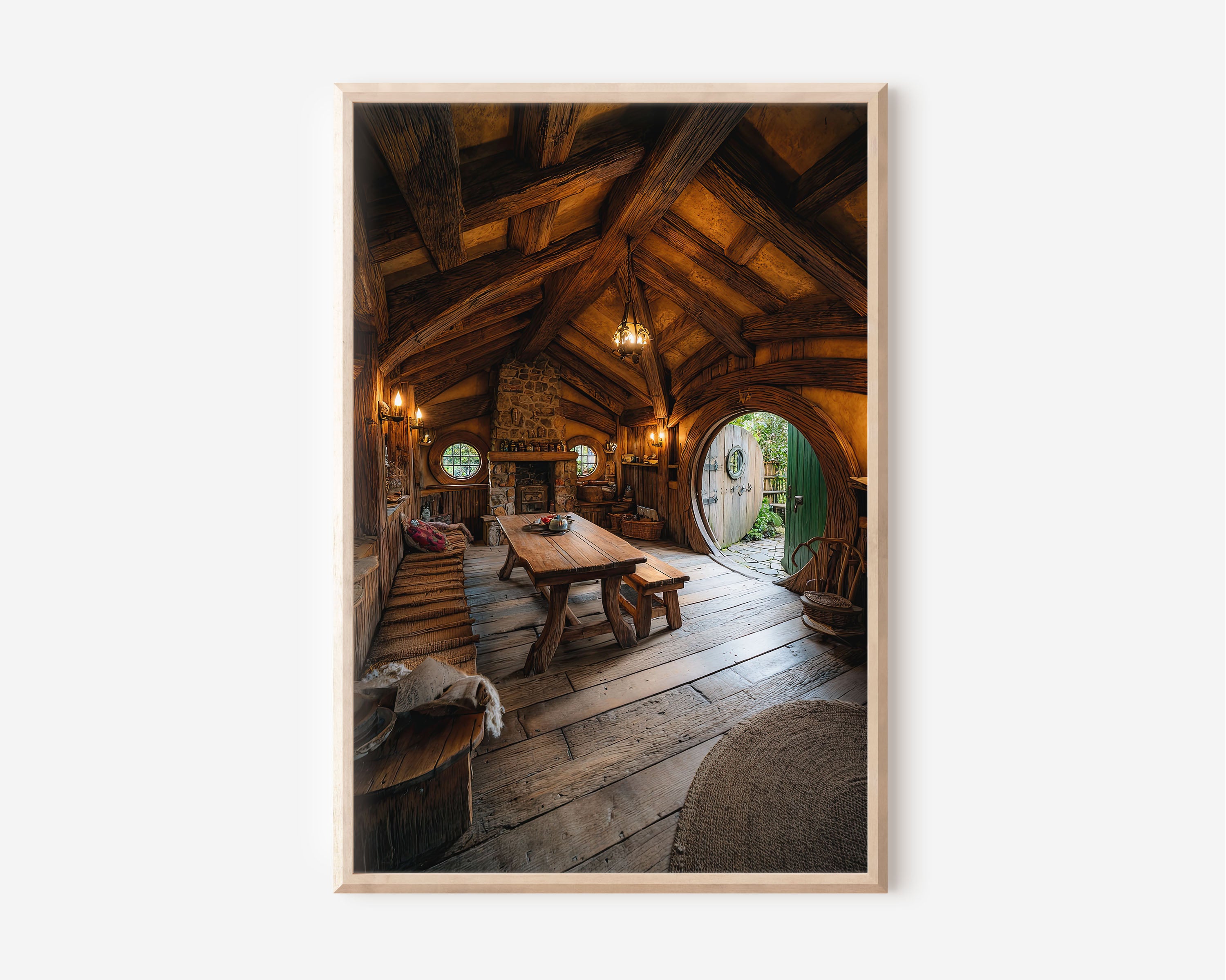 Hobbiton Hobbit Hole Warm Interior Wall Art | Cosy Storybook Cottage Fireplace Print | New Zealand Fantasy Travel Photography