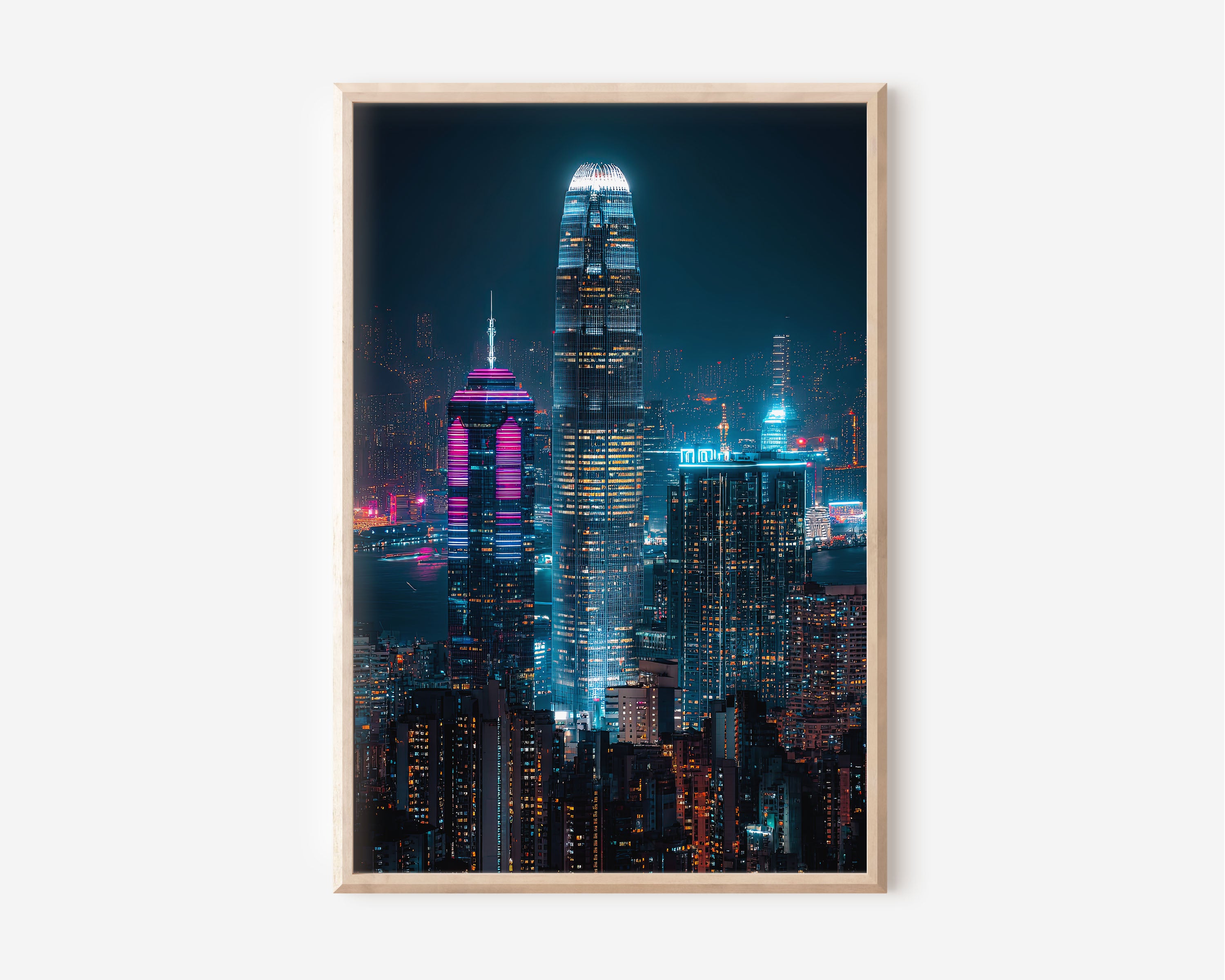 Hong Kong Night Skyline Wall Art | Two IFC Victoria Harbour Neon Print | City Lights Photography Poster