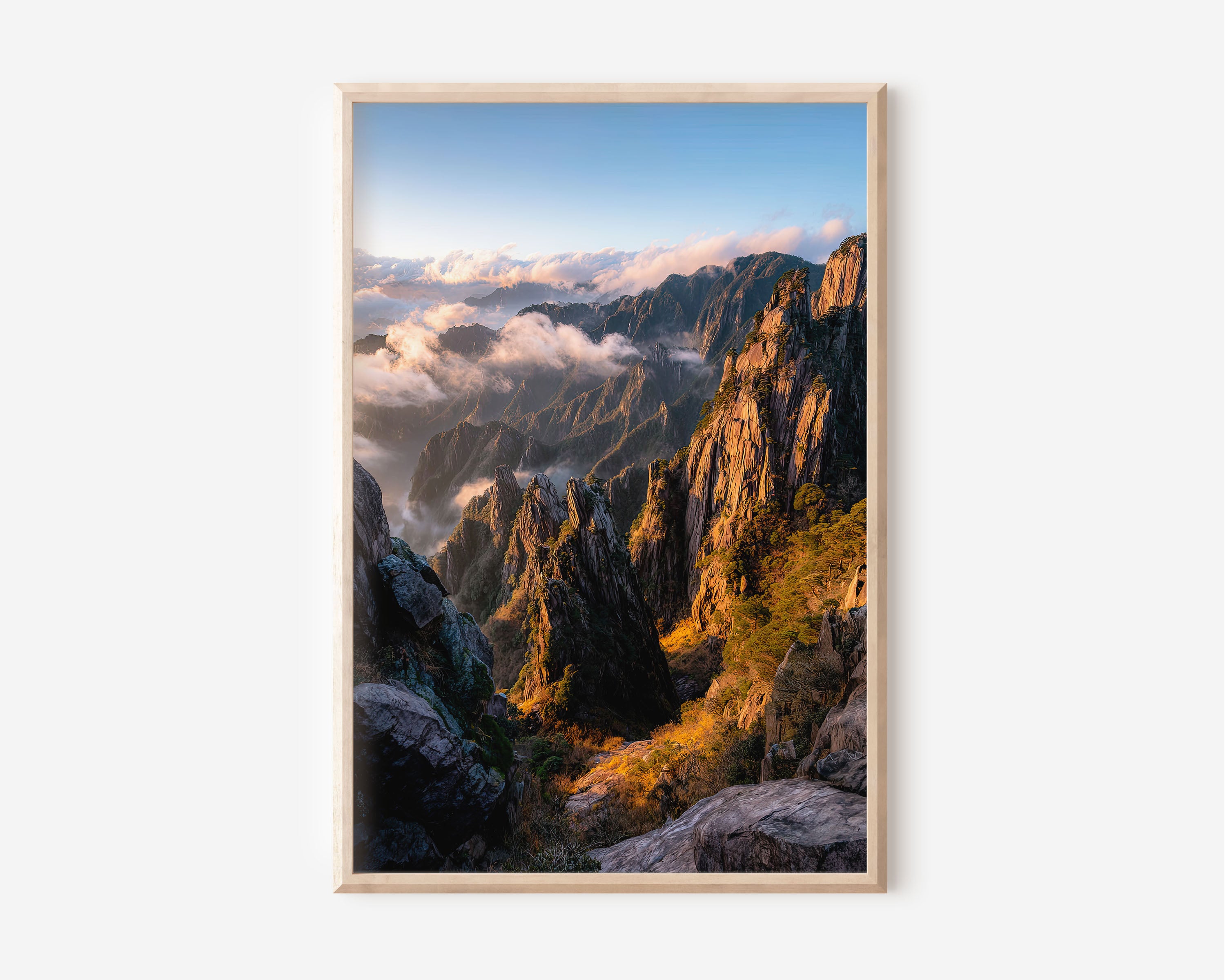 Huangshan Yellow Mountains Golden Hour Wall Art | China Sea of Clouds Dramatic Peak Print | Asia Travel Photography