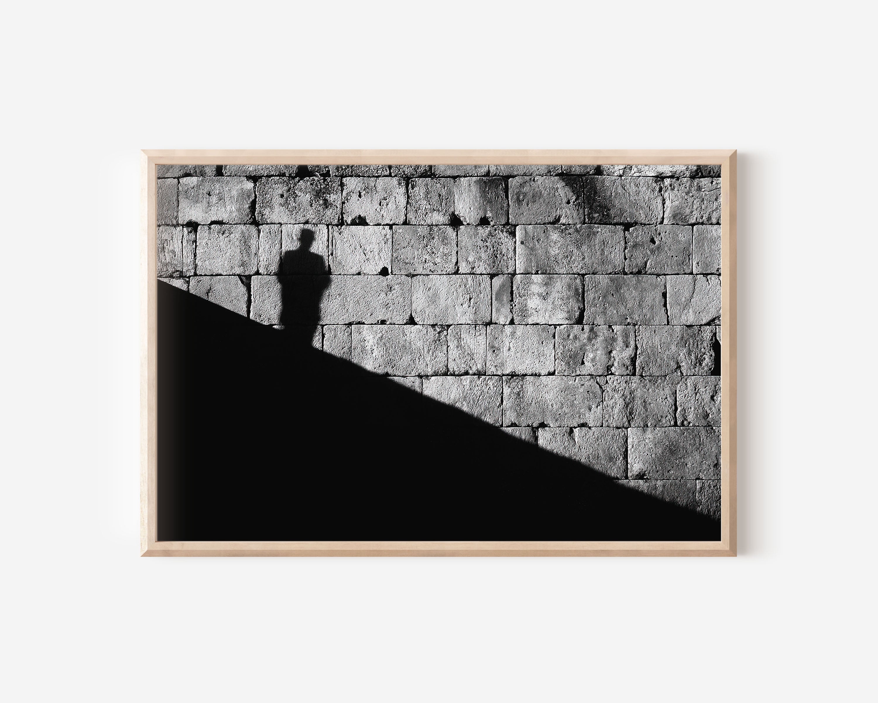 Human Shadow Ancient Stone Wall Print | Black and White Street Photography Wall Art | Light and Shadow Photography