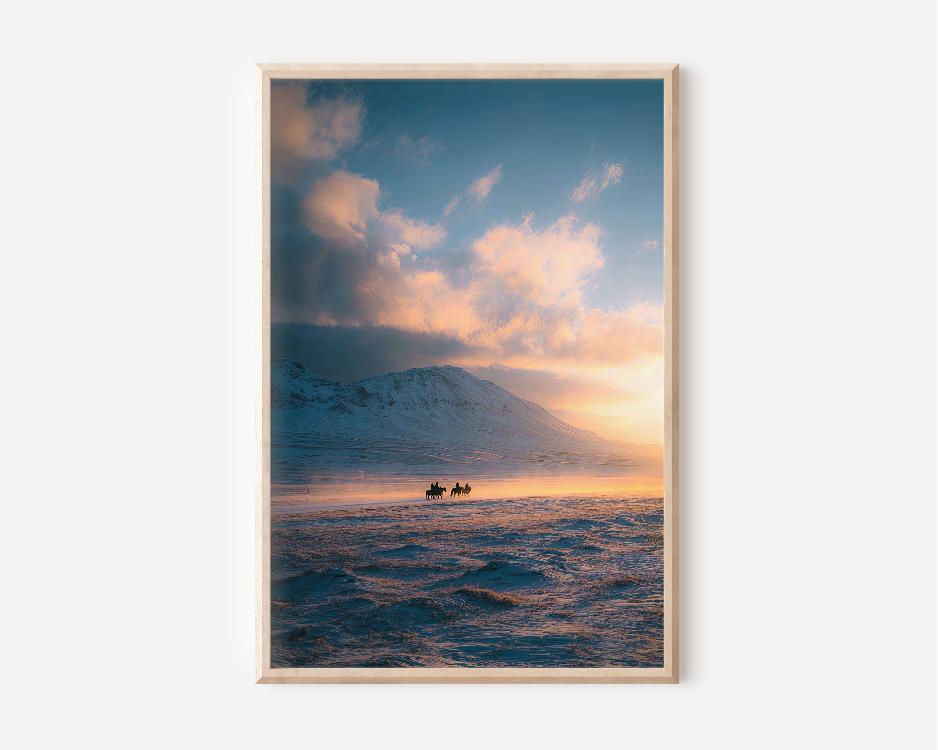 Iceland Horse Riders Snow Field Sunset Wall Art | Winter Silhouette Icelandic Landscape Print | Nordic Travel Photography