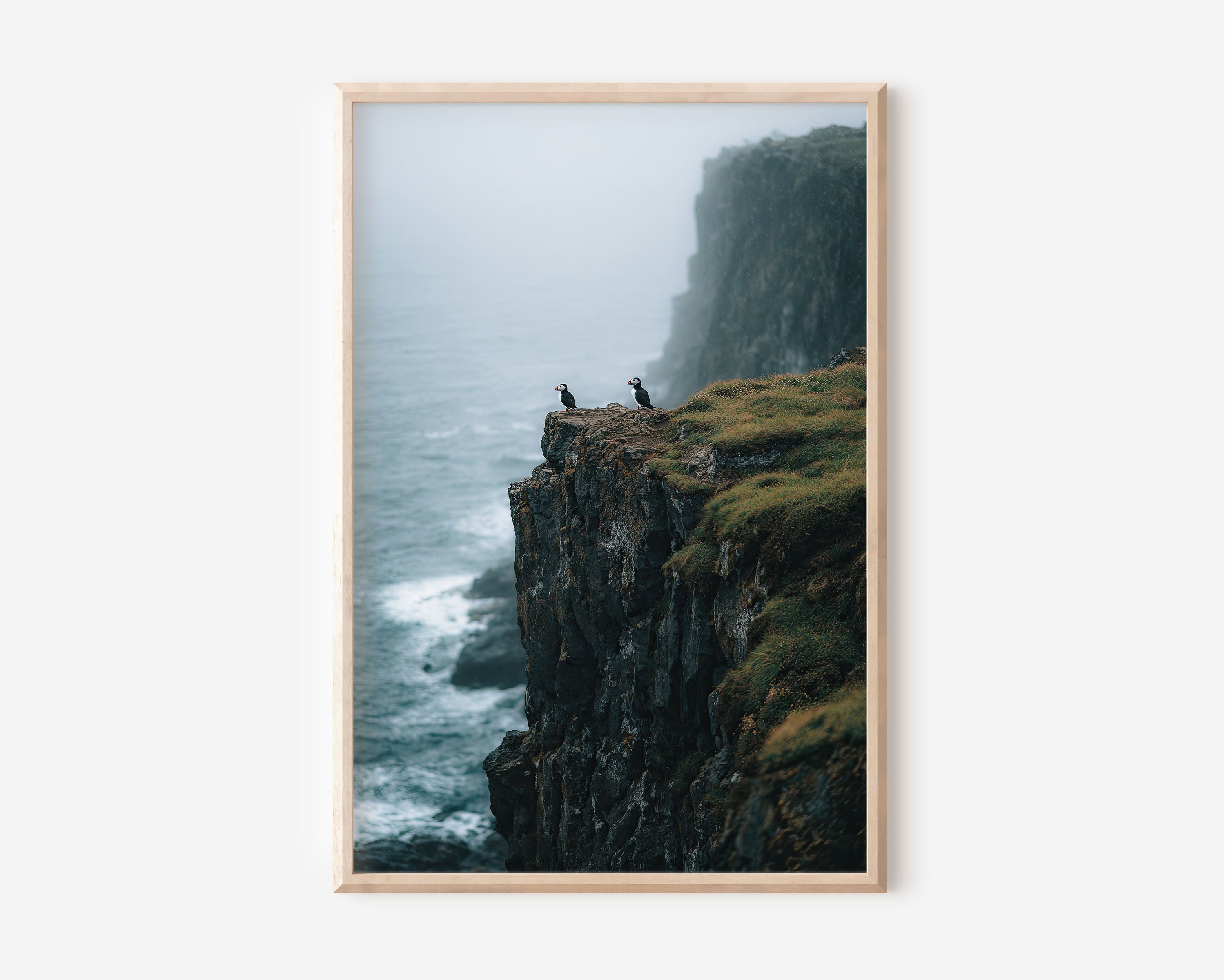 Iceland Puffins Wall Art Print – Misty Ocean Cliff Canvas, Moody Coastal Wildlife Photography, Nordic Landscape Decor
