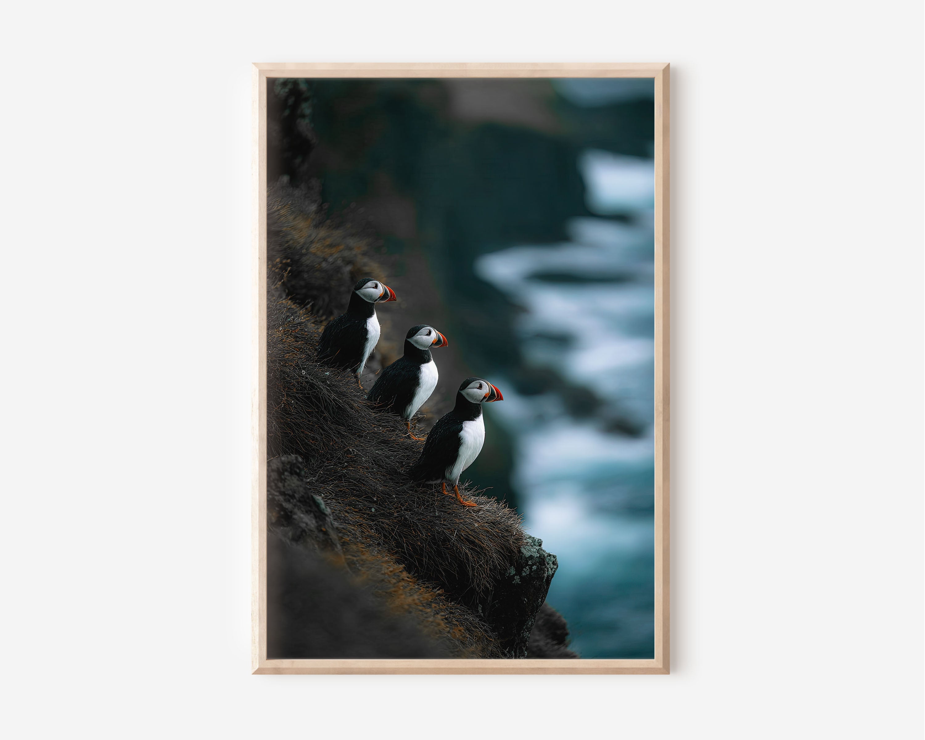 Atlantic Puffins Wall Art Print – Iceland Rocky Cliff Canvas, Coastal Wildlife Photography, Nordic Nature Decor