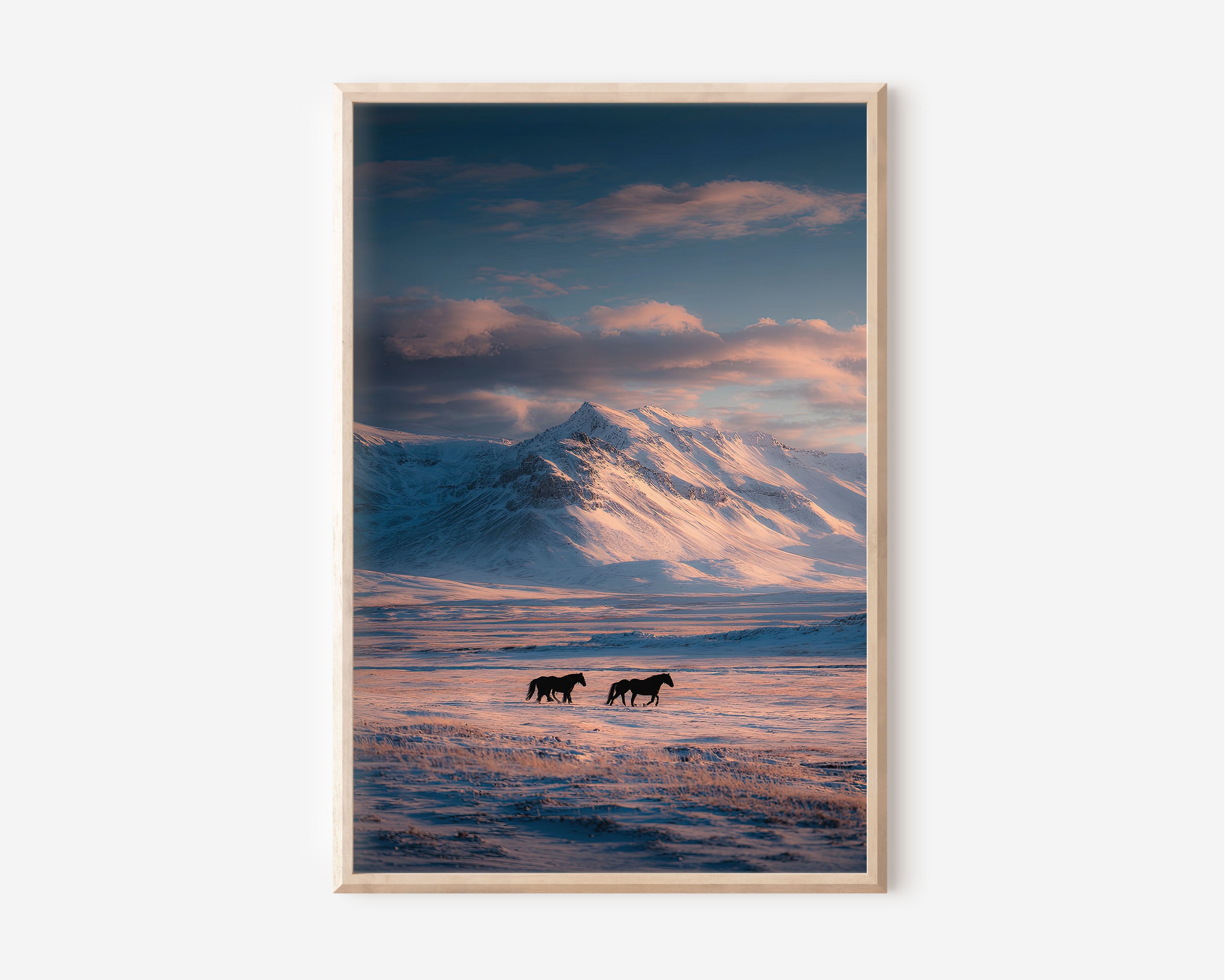 Iceland Two Horses Snow Mountain Sunset Wall Art | Icelandic Winter Landscape Equine Print | Nordic Travel Photography
