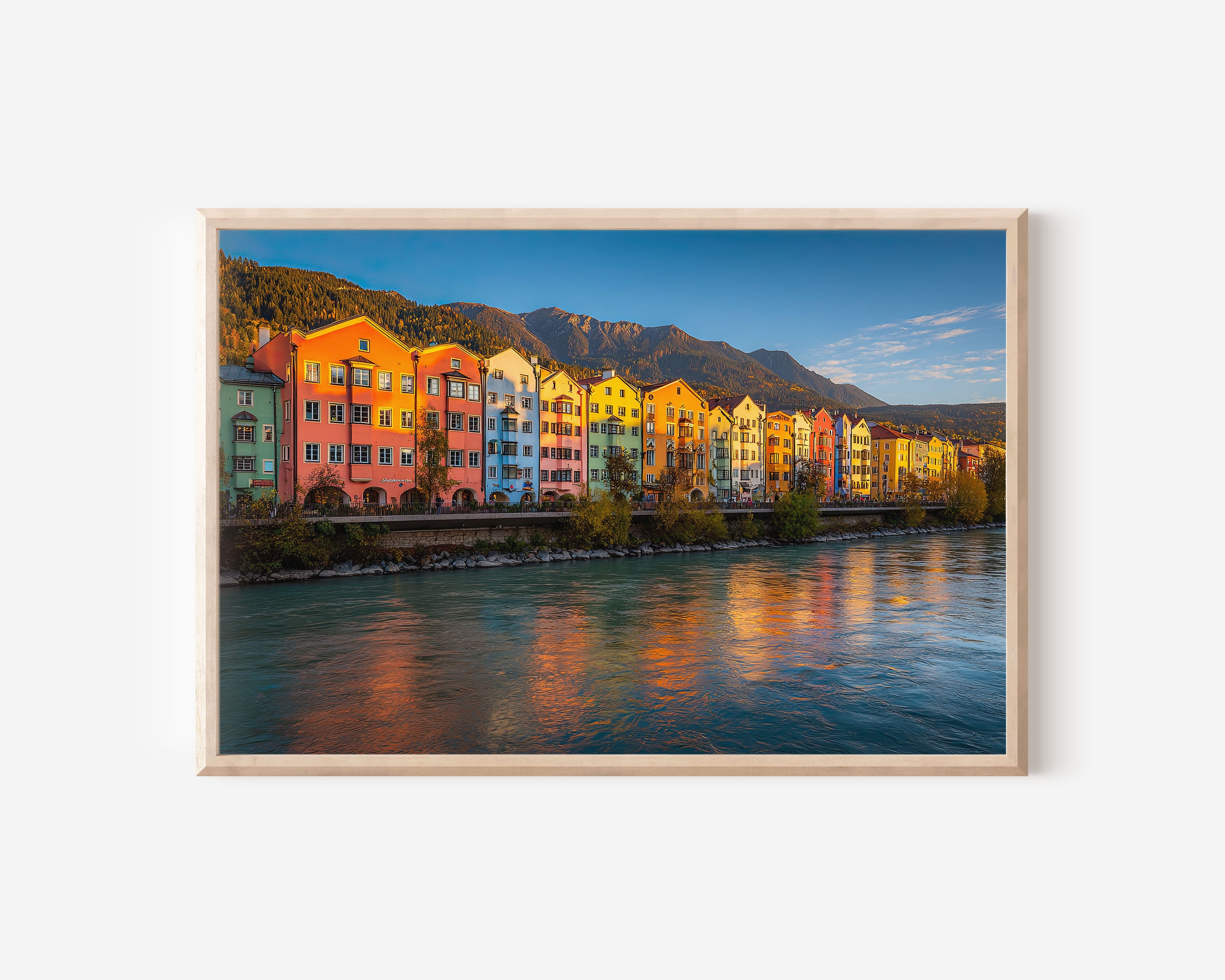 Innsbruck Austria Colorful Houses Wall Art Print – Alpine River Sunset