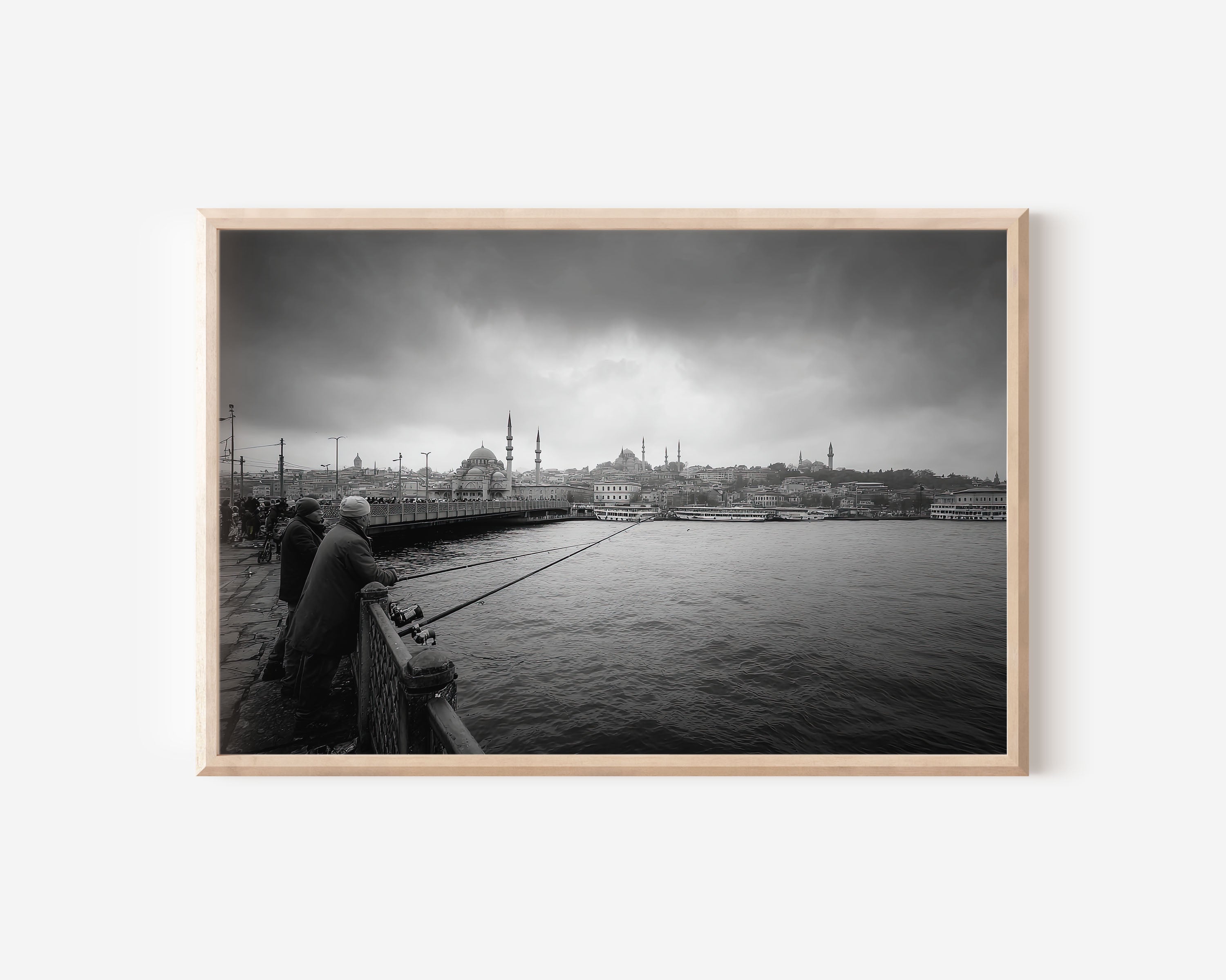 Istanbul Galata Bridge Black & White Wall Art Print
