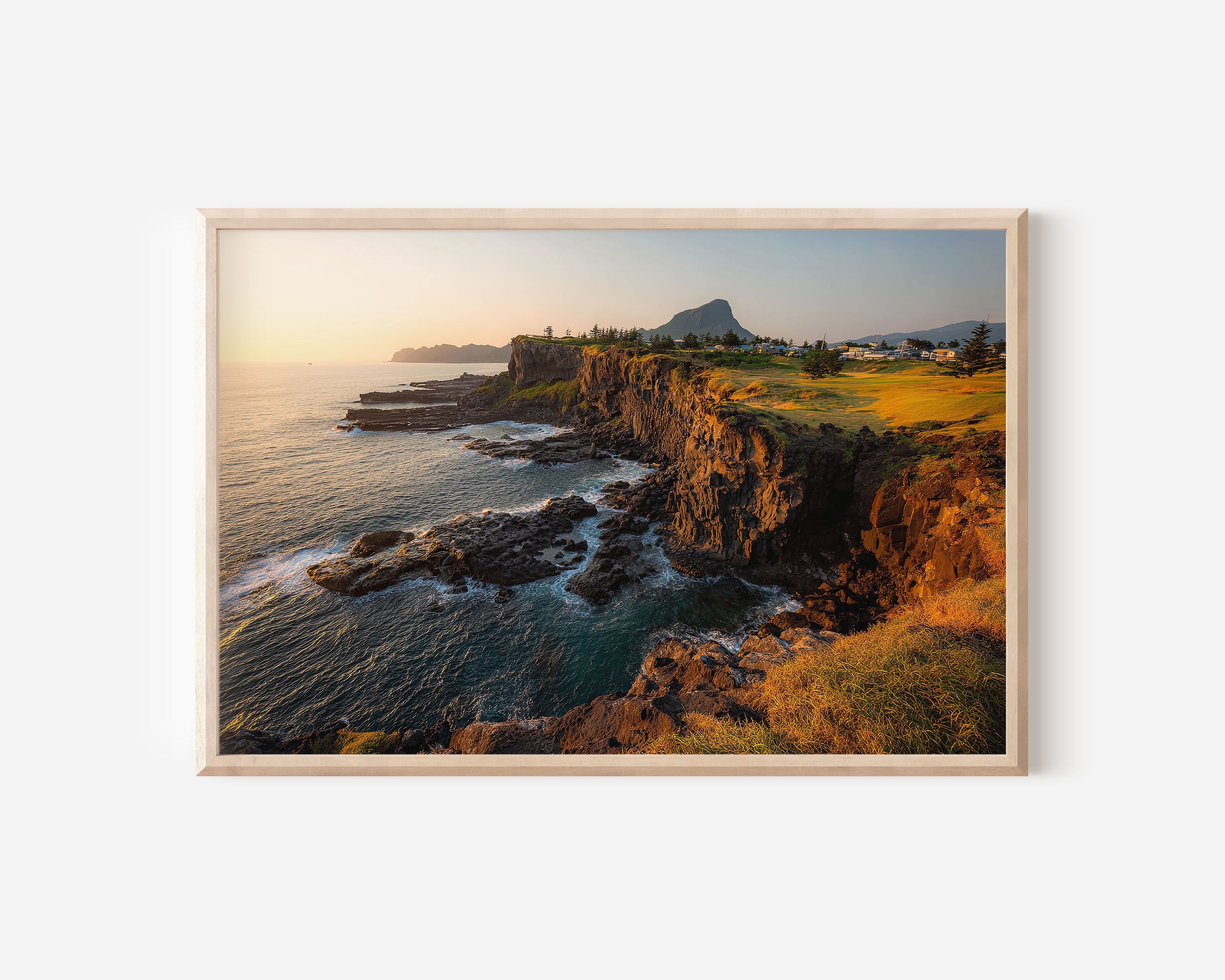 Jeju Island Coastal Cliffs Sunset Wall Art Print – Golden Ocean View