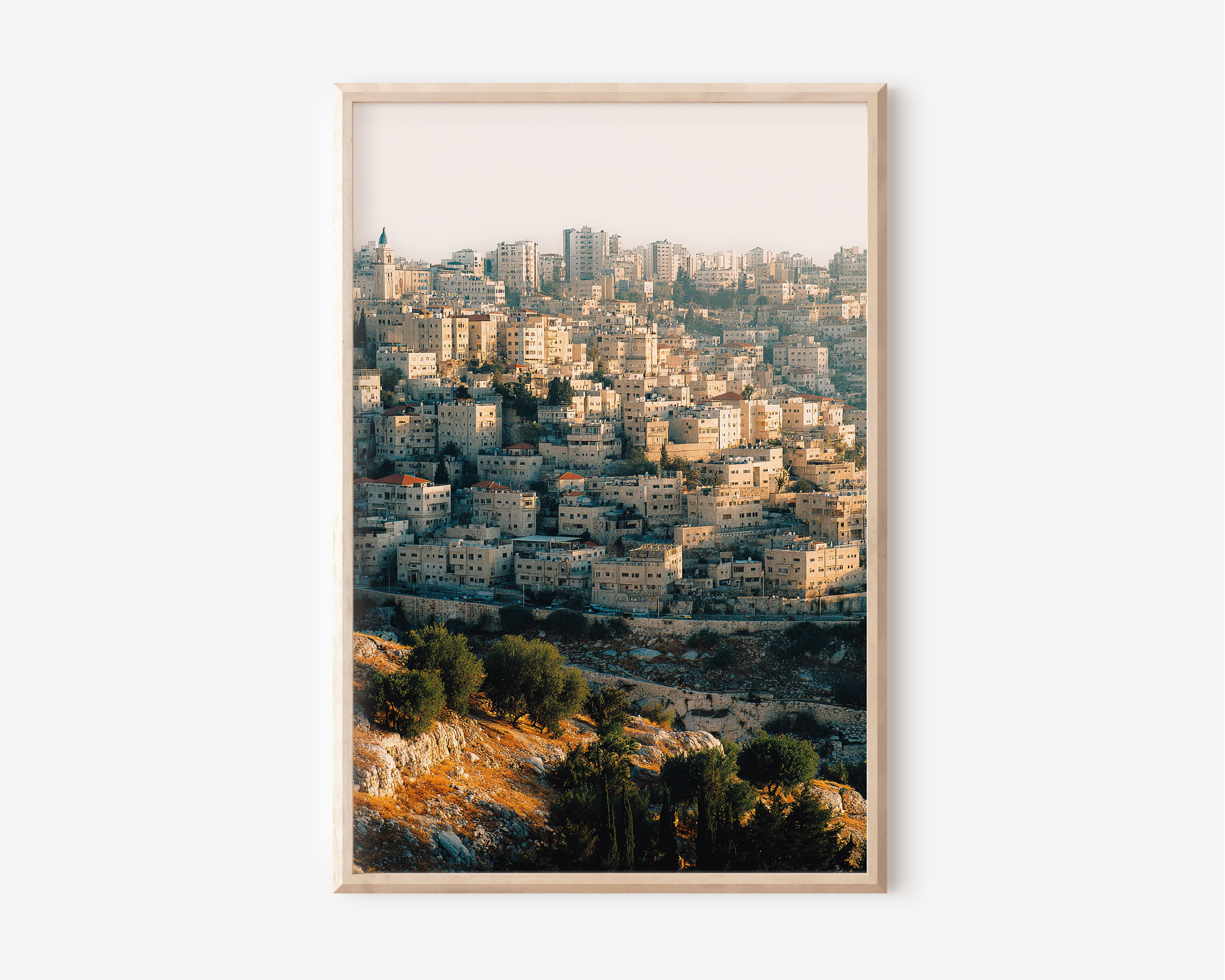 Jerusalem Old City Wall Art Print | Holy Land Hillside Cityscape Golden Hour Photography | Israel Travel Poster | Middle Eastern Home Decor