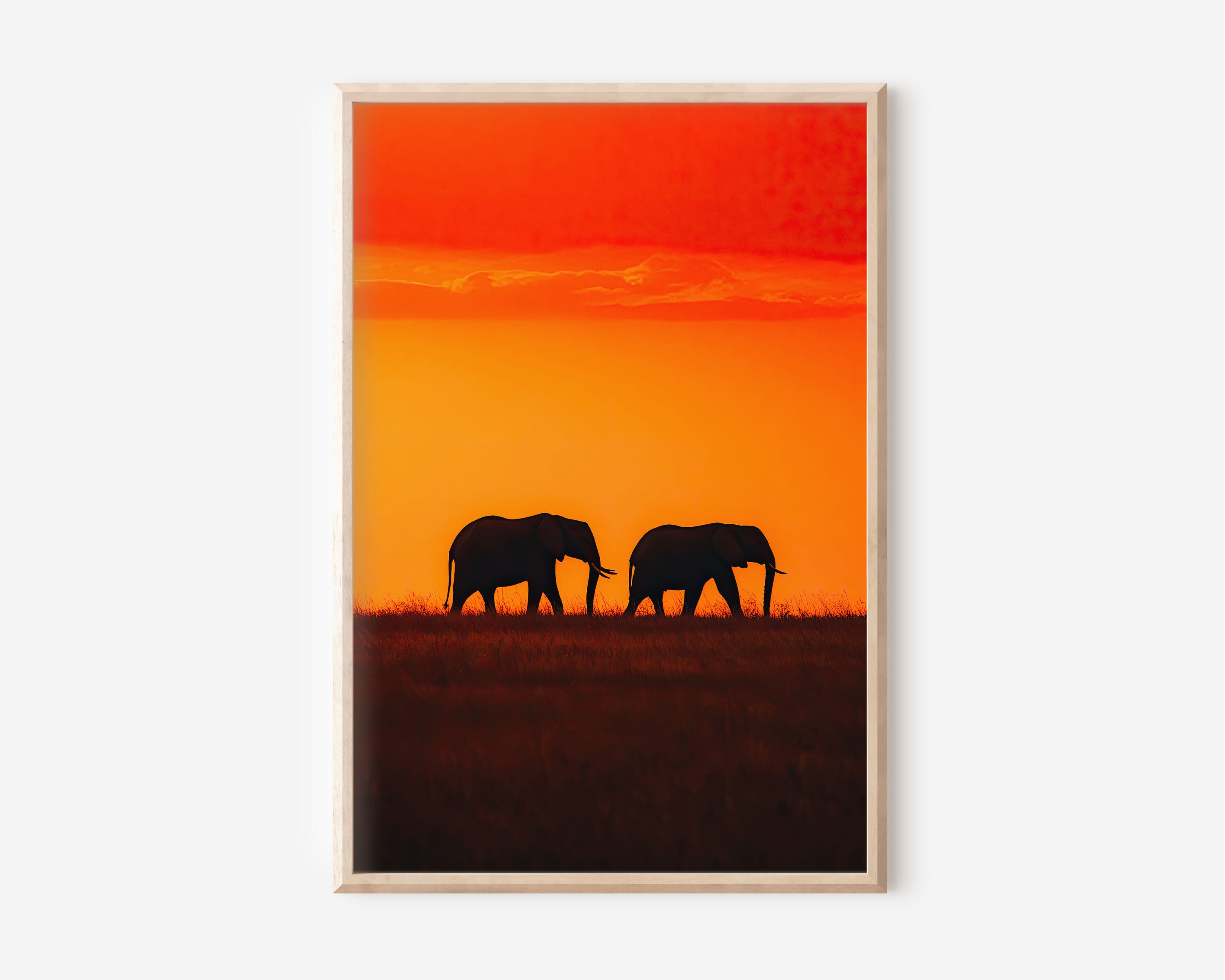 Kenya Elephant Duo Silhouette Red Sunset Wall Art Print | African Safari Wildlife Photography Poster | Savanna Nature Decor