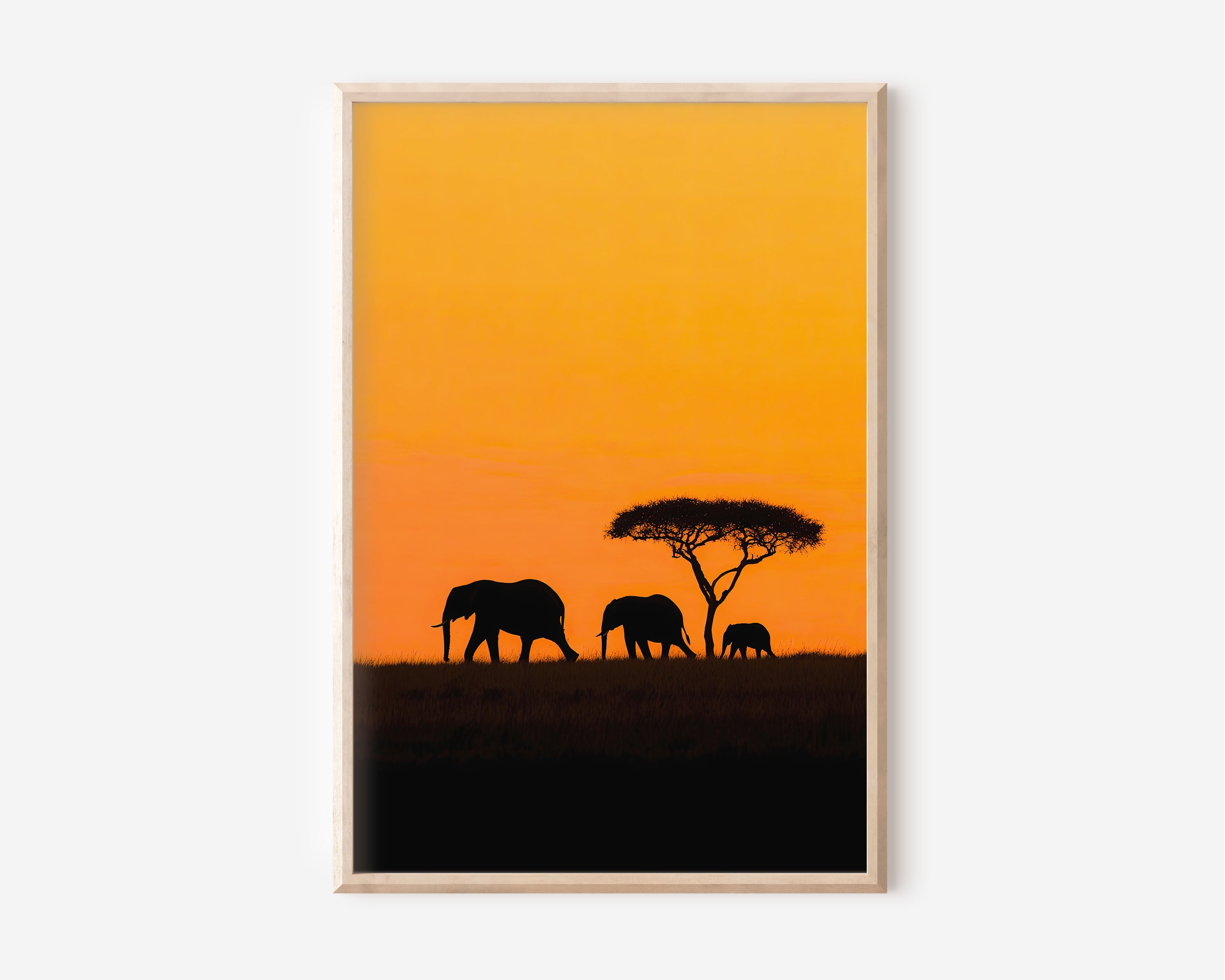 Kenya Elephant Family Silhouette Orange Sunset Wall Art Print | African Safari Wildlife Photography Poster | Savanna Nature Decor
