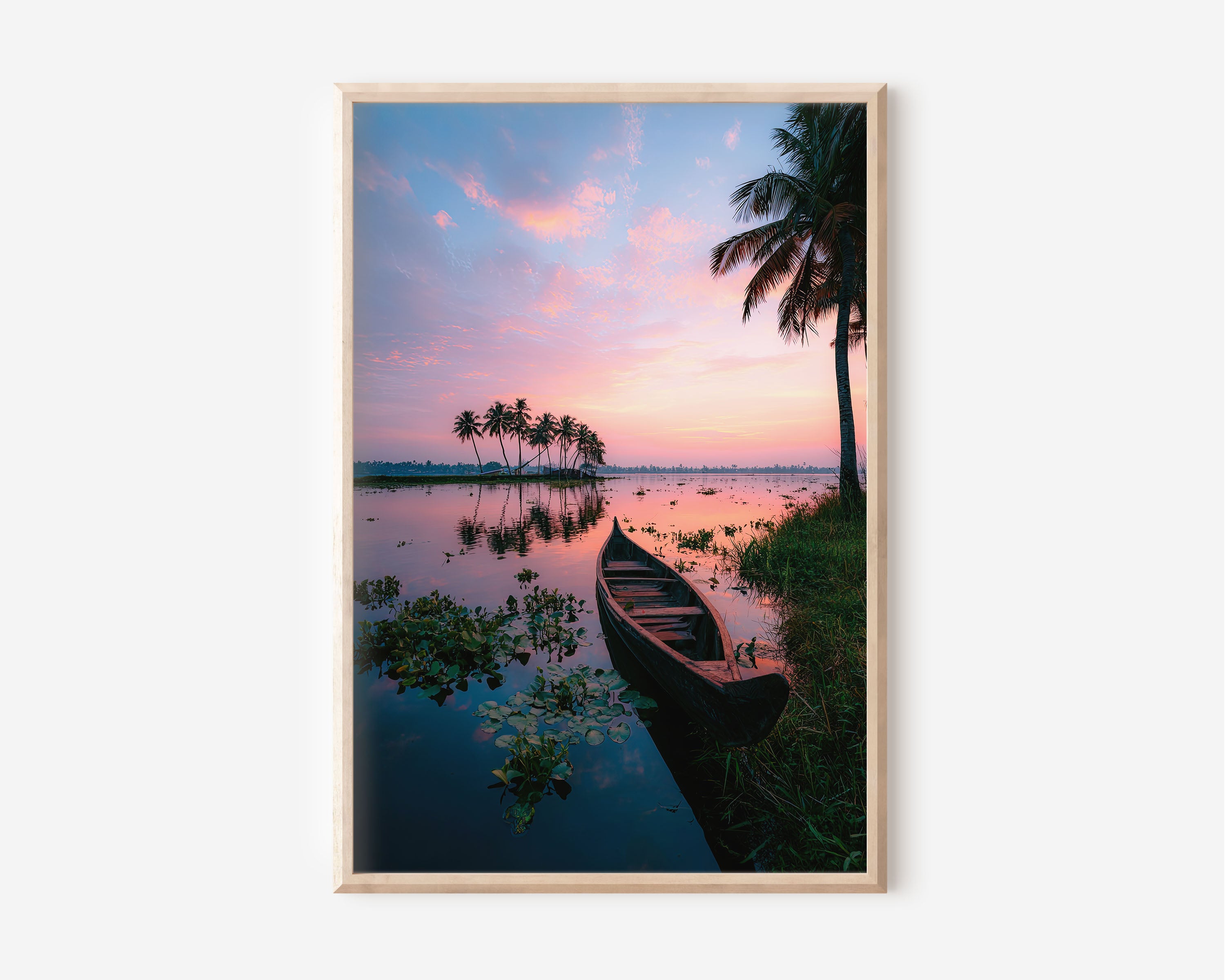 Kerala Backwaters Wooden Boat Pink Sunset Wall Art Print | India Travel Photography Poster | Tropical Waterway Nature Decor