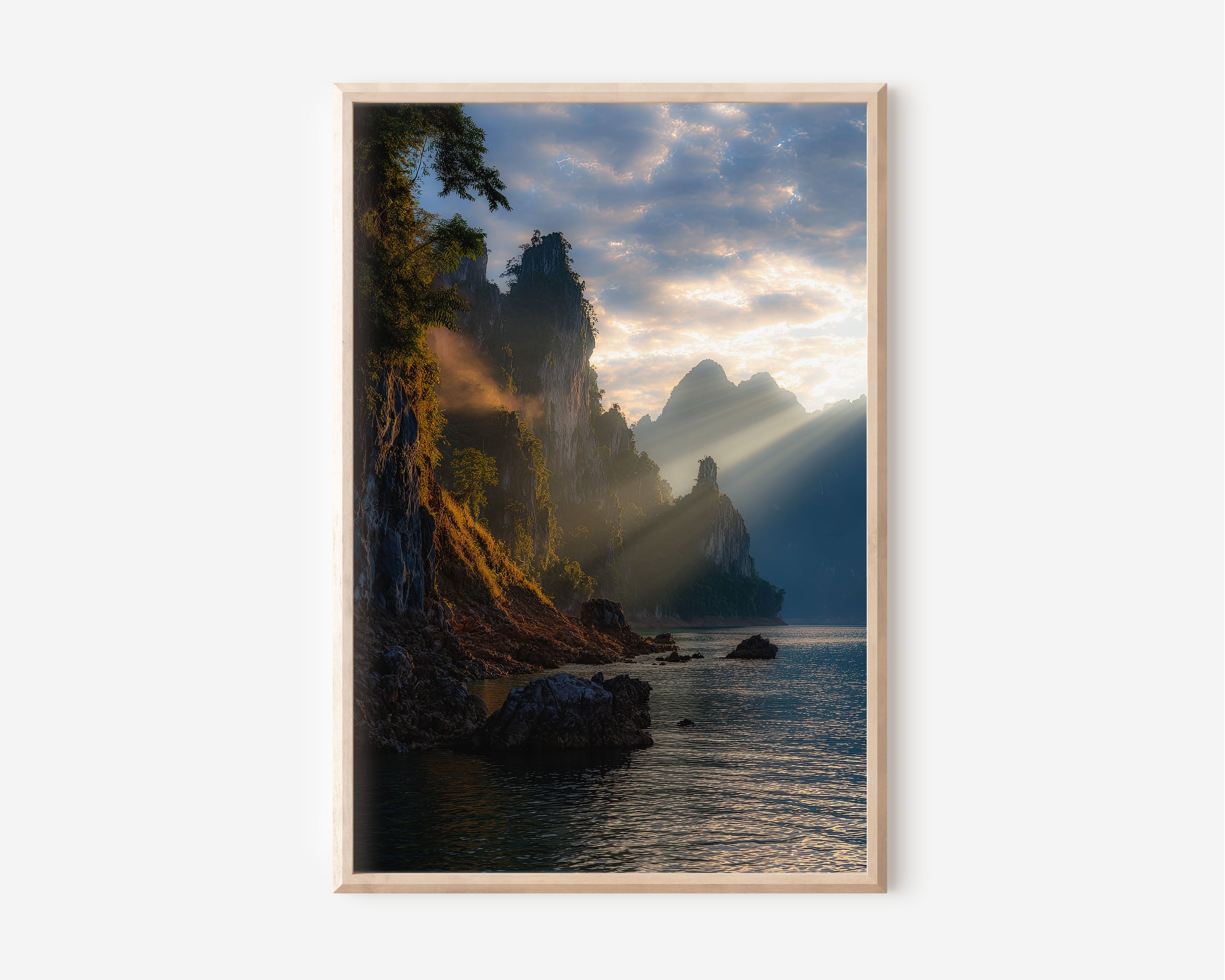 Khao Sok Lake Golden Light Limestone Cliffs Wall Art Print | Thailand Nature Photography Poster | Tropical Landscape Decor