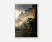 Khao Sok Lake Sunrise Mist Jungle Cliff Rays Wall Art Print | Thailand Nature Photography Poster | Dramatic Landscape Decor