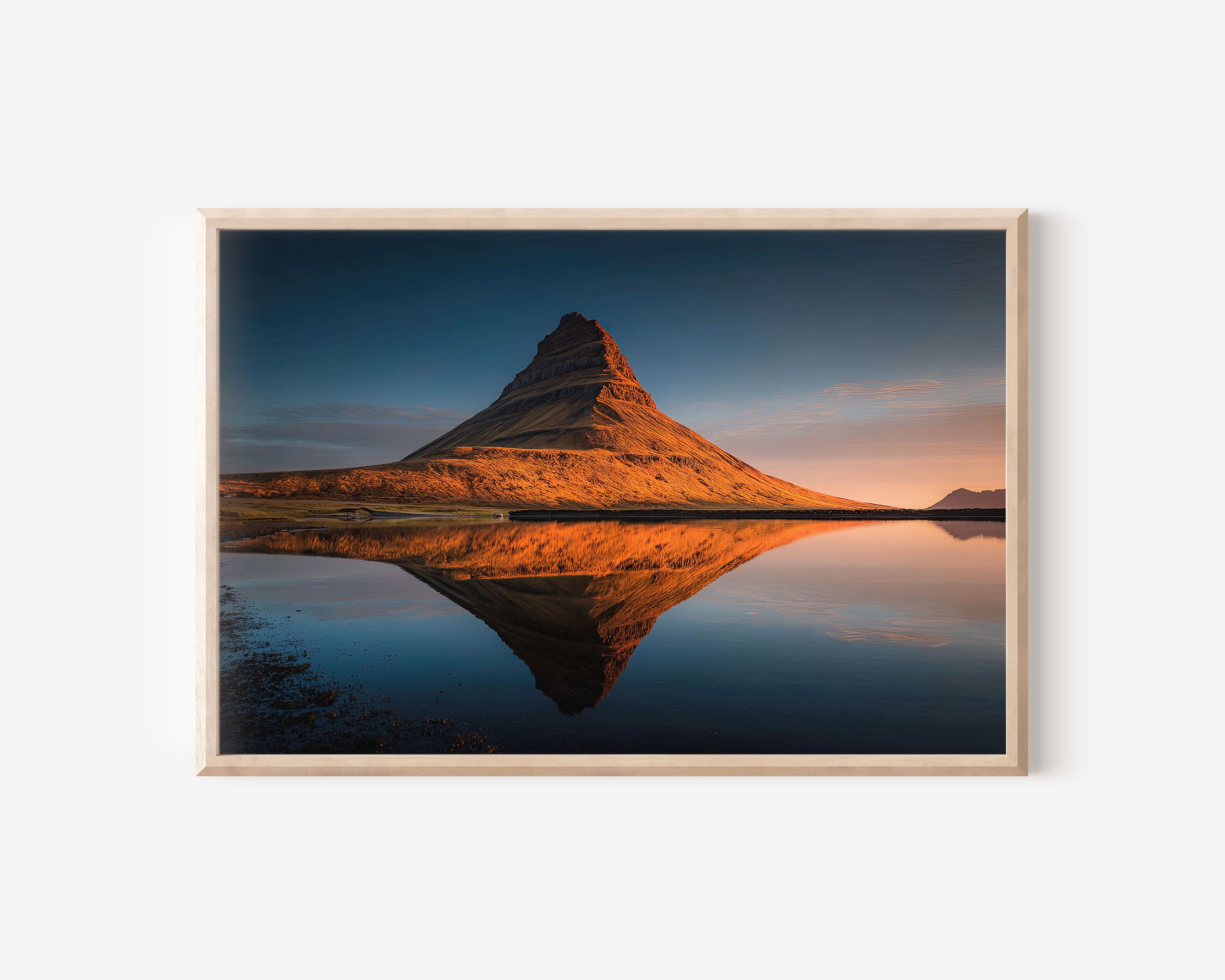 Kirkjufell Iceland Mountain Reflection Wall Art Print – Golden Sunset Landscape