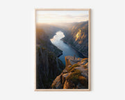 Kjerag Norway Fjord Print | Norwegian Cliff Overlook Wall Art | Lysefjord Sunset Hiker Landscape Photography Poster