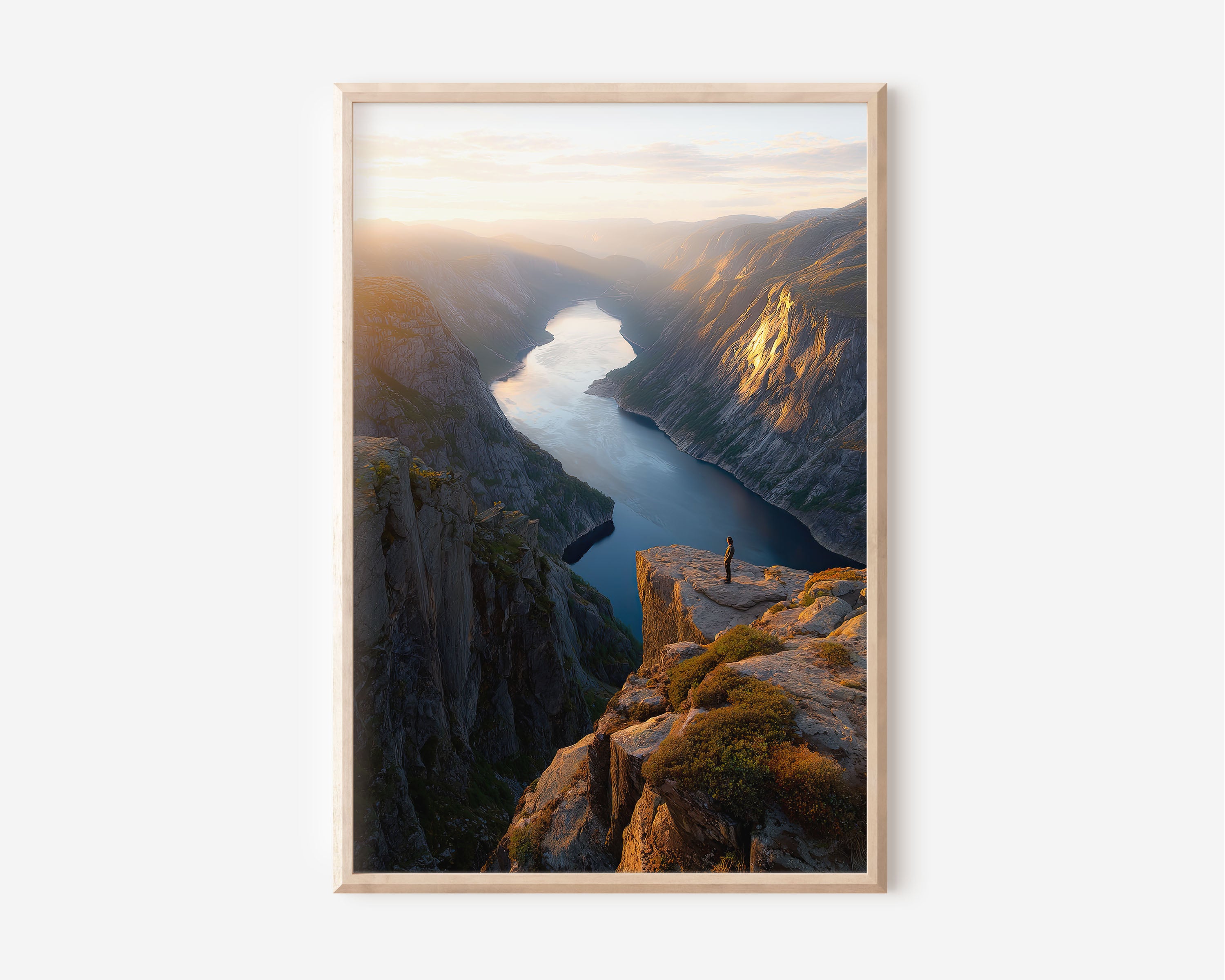 Kjerag Norway Fjord Print | Norwegian Cliff Overlook Wall Art | Lysefjord Sunset Hiker Landscape Photography Poster
