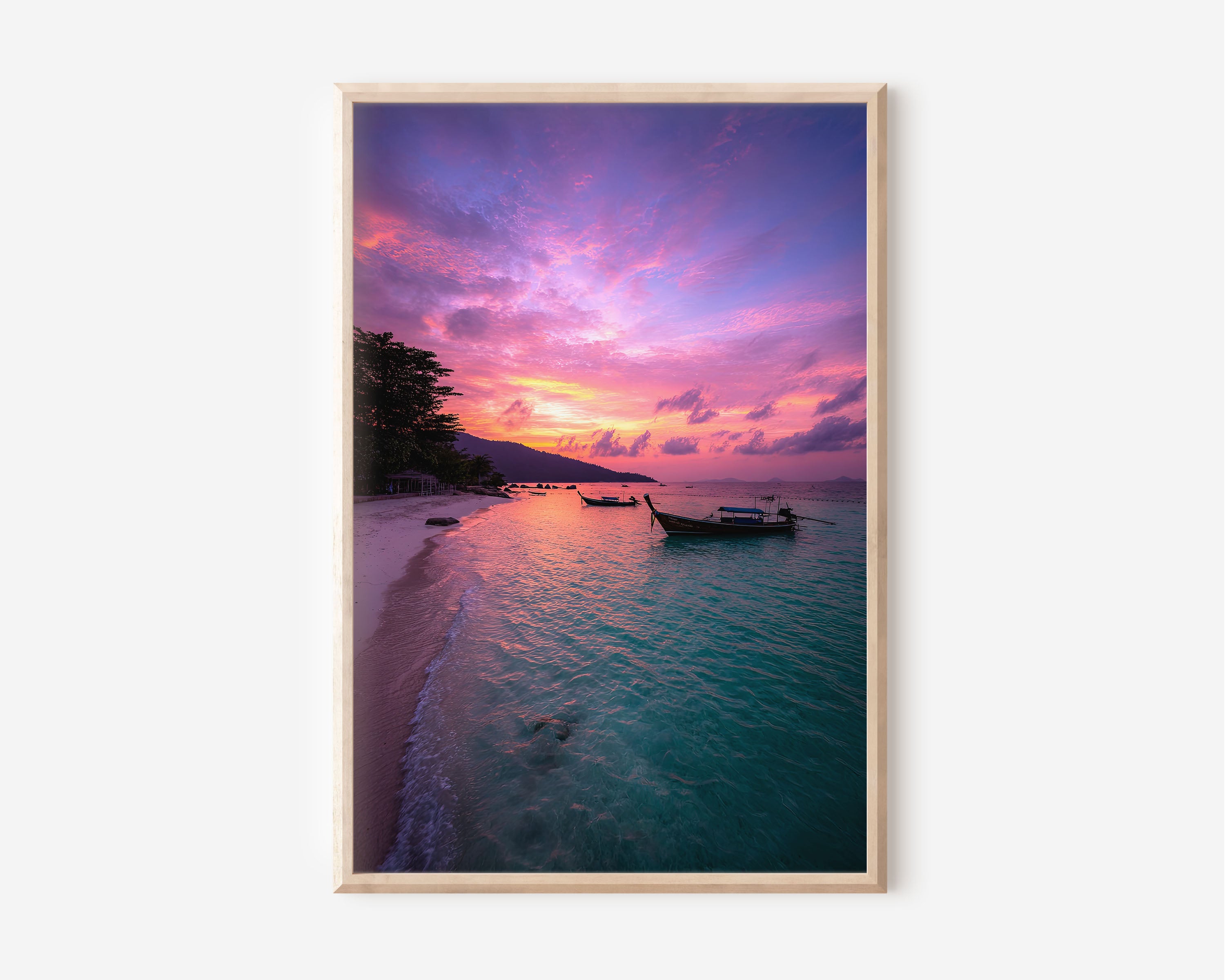 Koh Lipe Longtail Boat Purple Sunset Beach Wall Art Print | Thailand Island Photography Poster | Tropical Coastal Decor