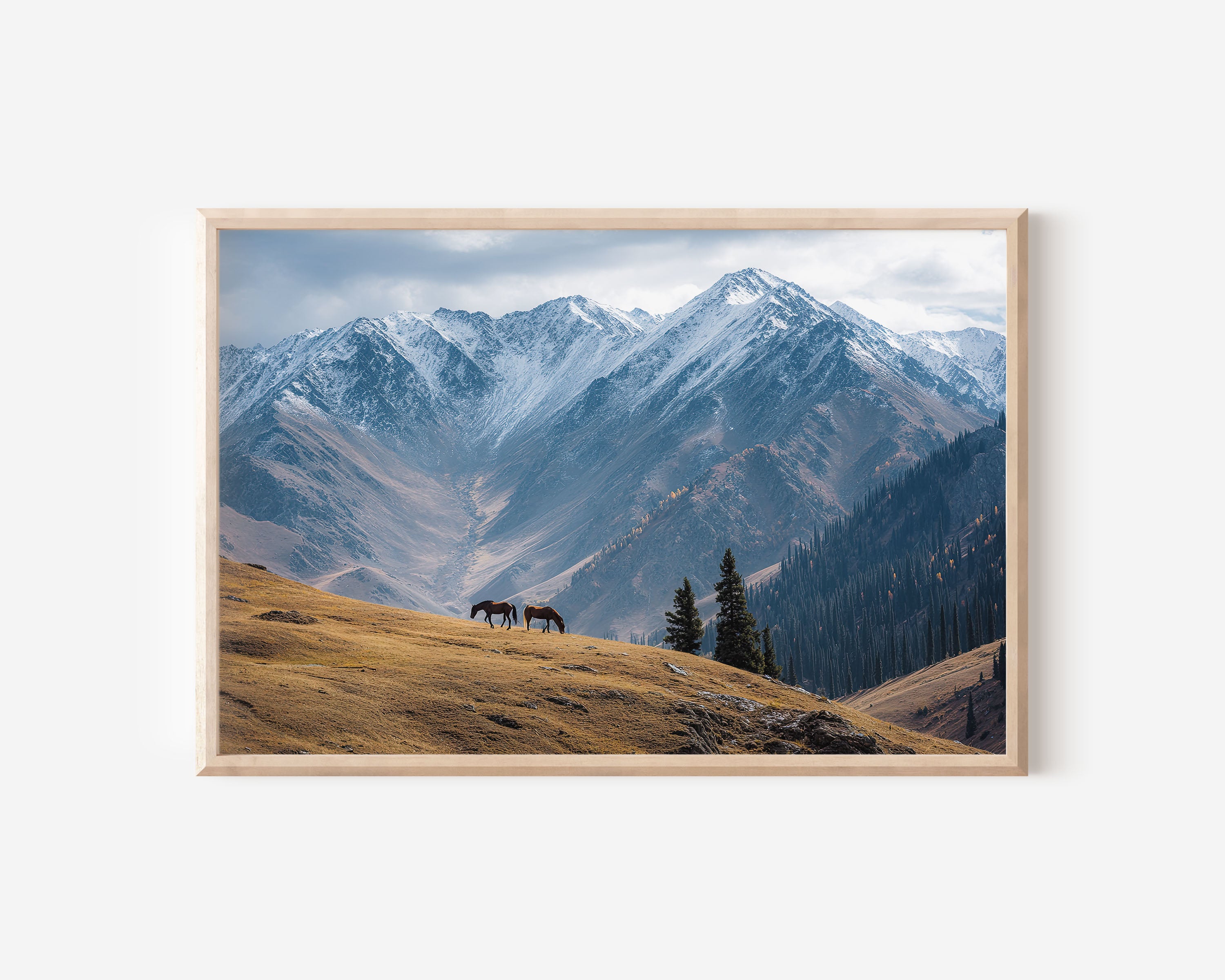 Wild Horses Mountain Landscape Wall Art – Snowy Peaks Nature Photography Print