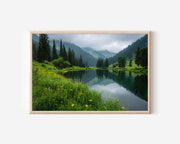 Kolsai Lake Wildflower Meadow Wall Art – Serene Mountain Lake Landscape Print