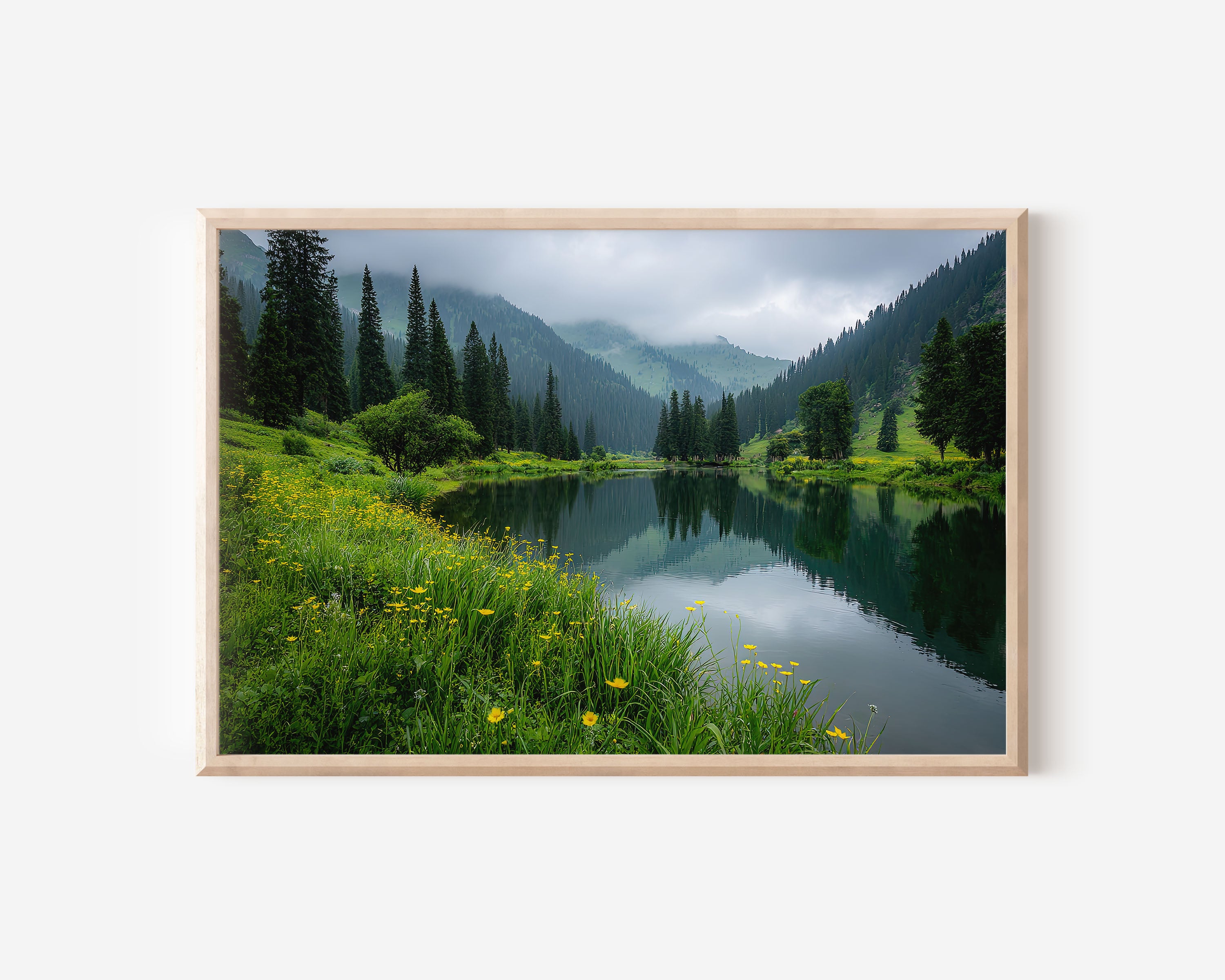 Kolsai Lake Wildflower Meadow Wall Art – Serene Mountain Lake Landscape Print