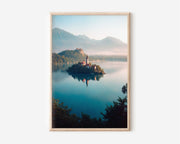 Lake Bled Sunrise Wall Art Print | Slovenia Island Church Alpine Photography | Julian Alps Morning Mist Landscape Poster | European Travel Print | Dreamy Pastel Home Decor
