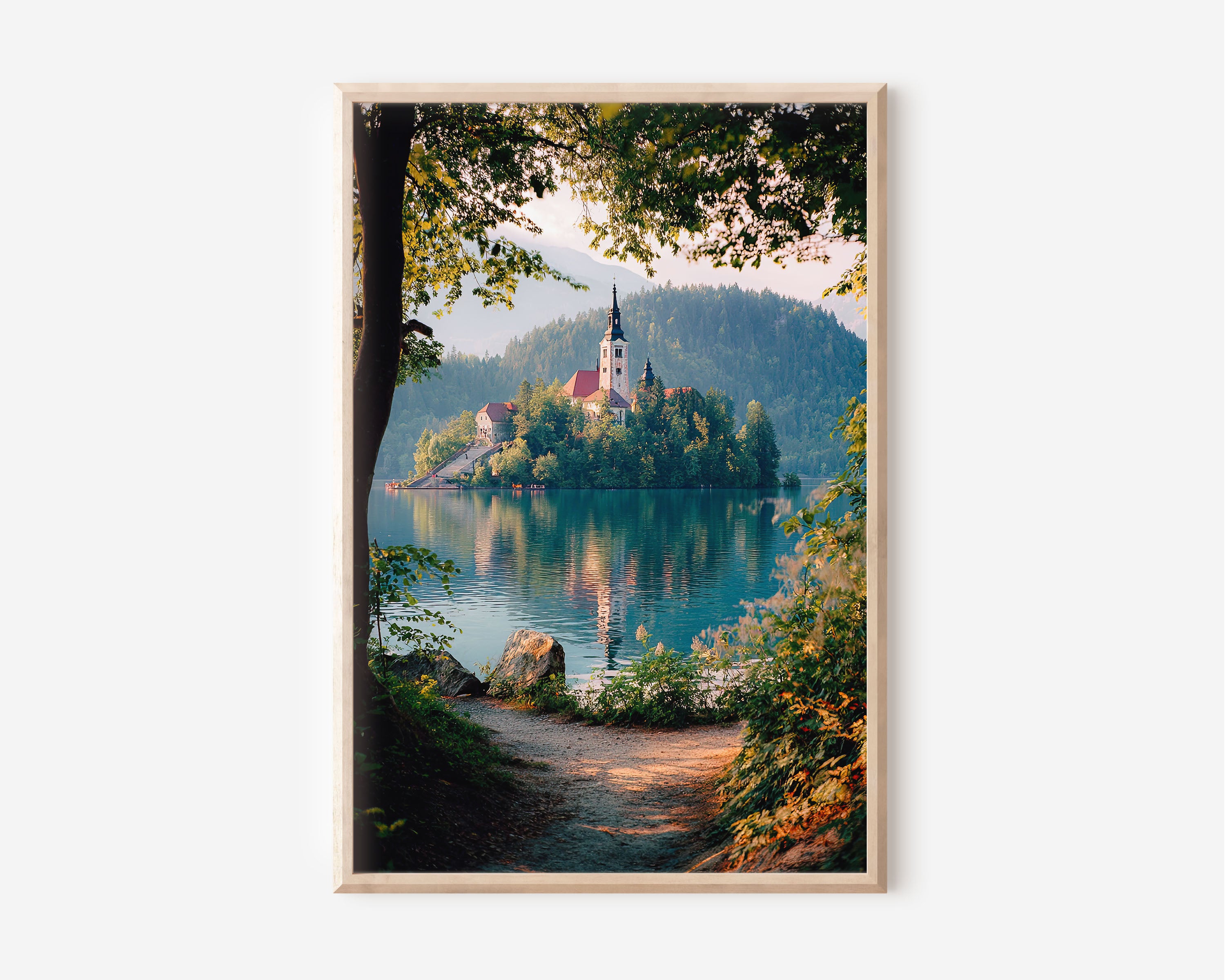 Lake Bled Forest Path Wall Art Print | Slovenia Lakeside Trail Photography | Island Church Morning Light Poster | European Nature Travel Print | Cottagecore Home Decor