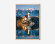 Lake Bled Island Church Reflection Sunrise Wall Art Print | Slovenia Travel Photography Poster | Alpine Lake Landscape Decor