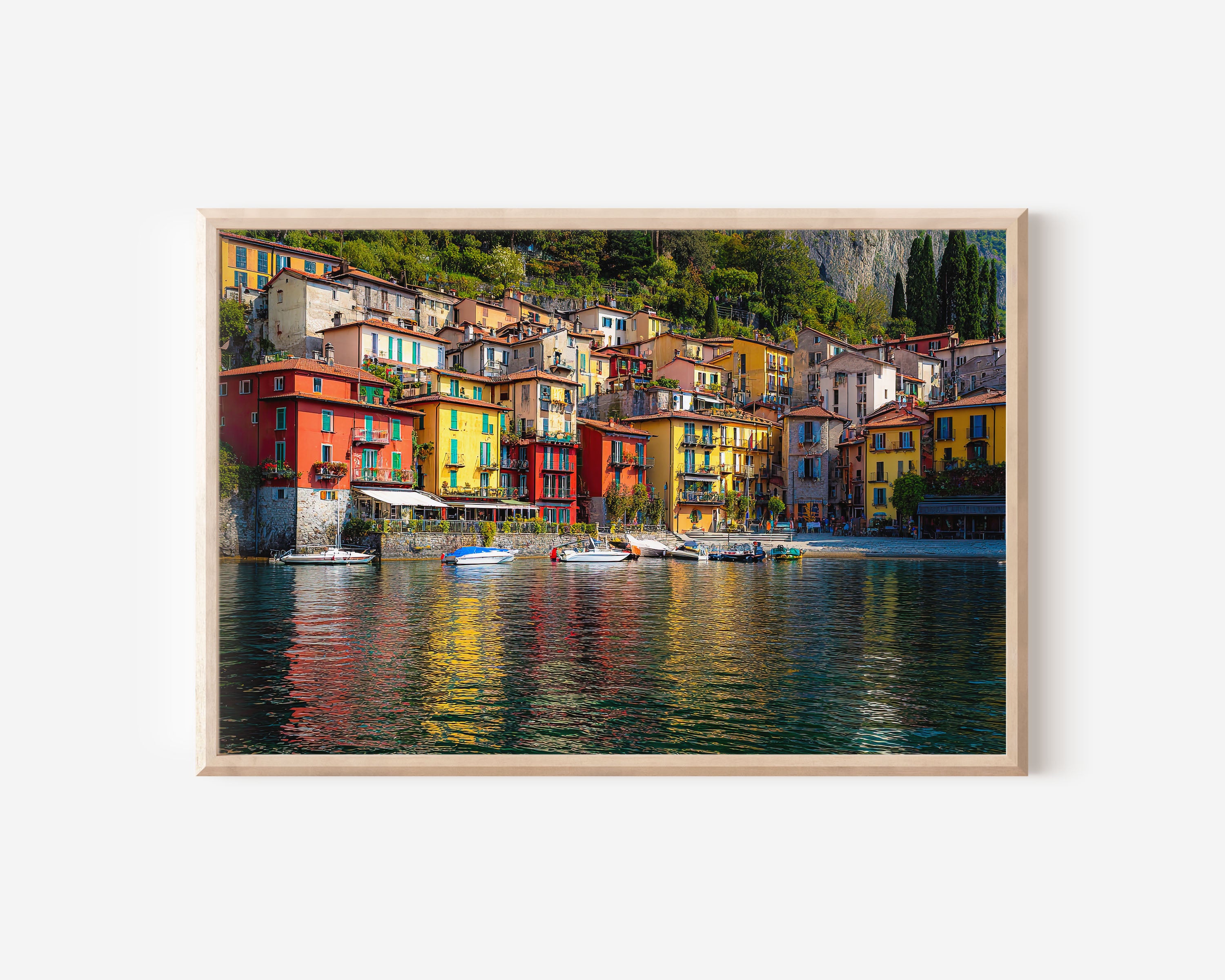 Lake Como Colorful Village Wall Art Print – Italian Waterfront Reflection