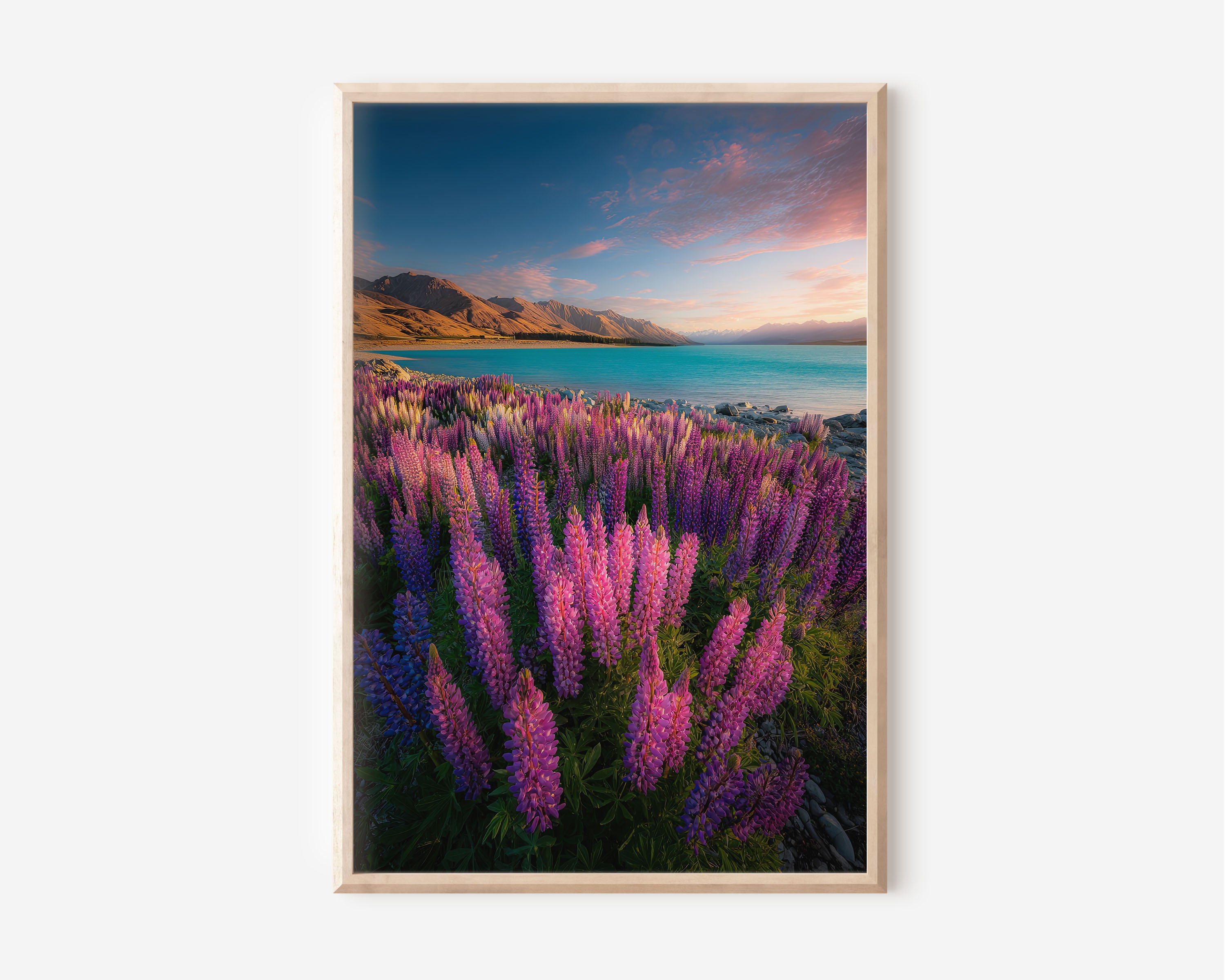 Lake Tekapo Lupins Wall Art – New Zealand Floral Landscape Print