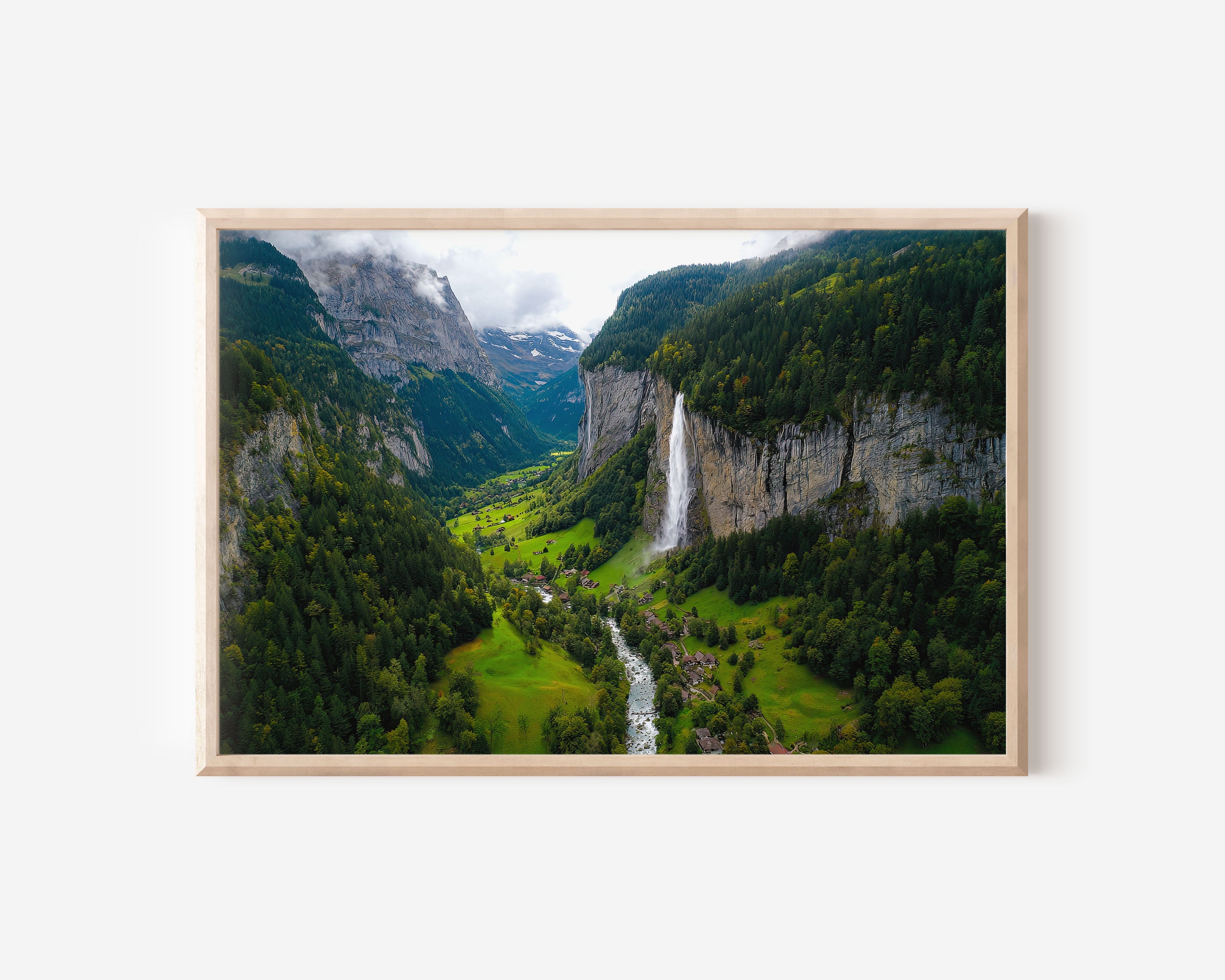 Lauterbrunnen Valley Waterfall Wall Art – Swiss Alps Mountain Landscape Print