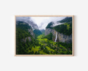 Lauterbrunnen Valley Aerial Wall Art – Swiss Alps Waterfall Landscape Print