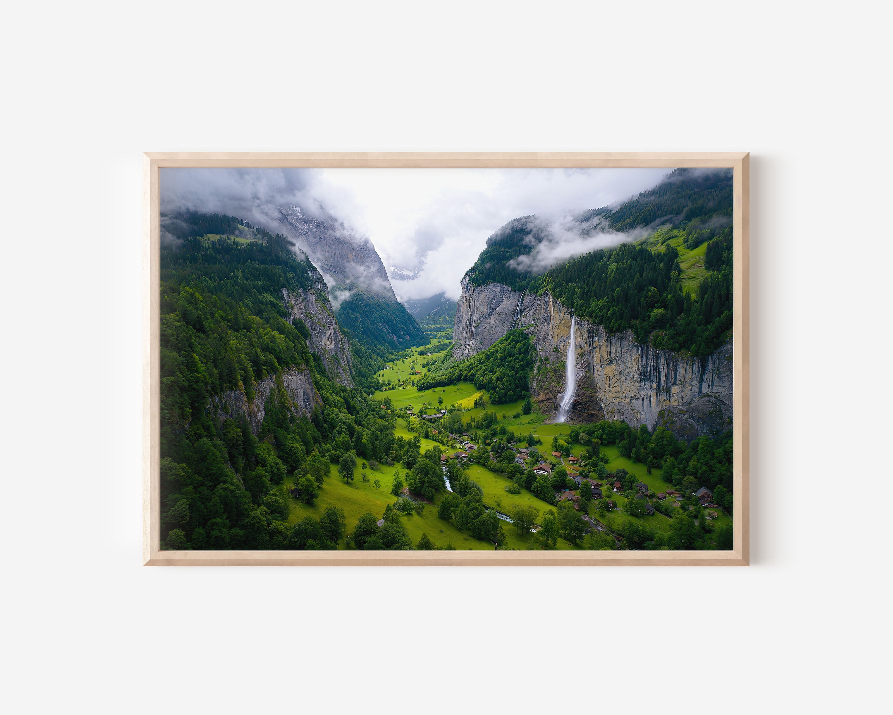 Lauterbrunnen Valley Aerial Wall Art – Swiss Alps Waterfall Landscape Print