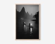 Li River Fishermen at Night Wall Art | Guilin China Black & White Karst Landscape Print | Traditional Asia Travel Photography