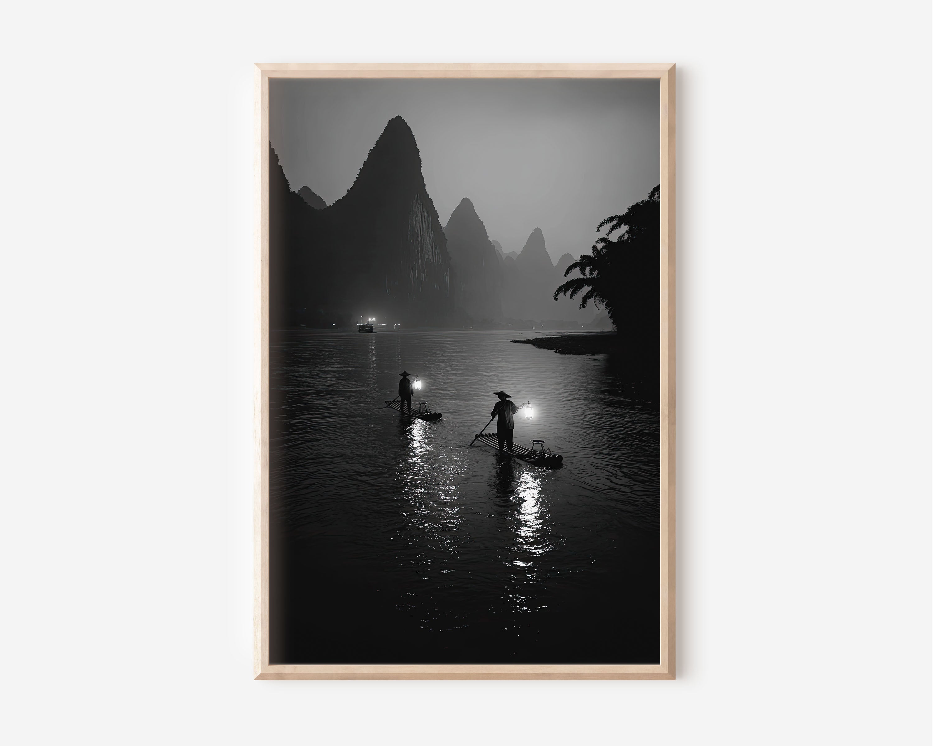 Li River Fishermen at Night Wall Art | Guilin China Black & White Karst Landscape Print | Traditional Asia Travel Photography