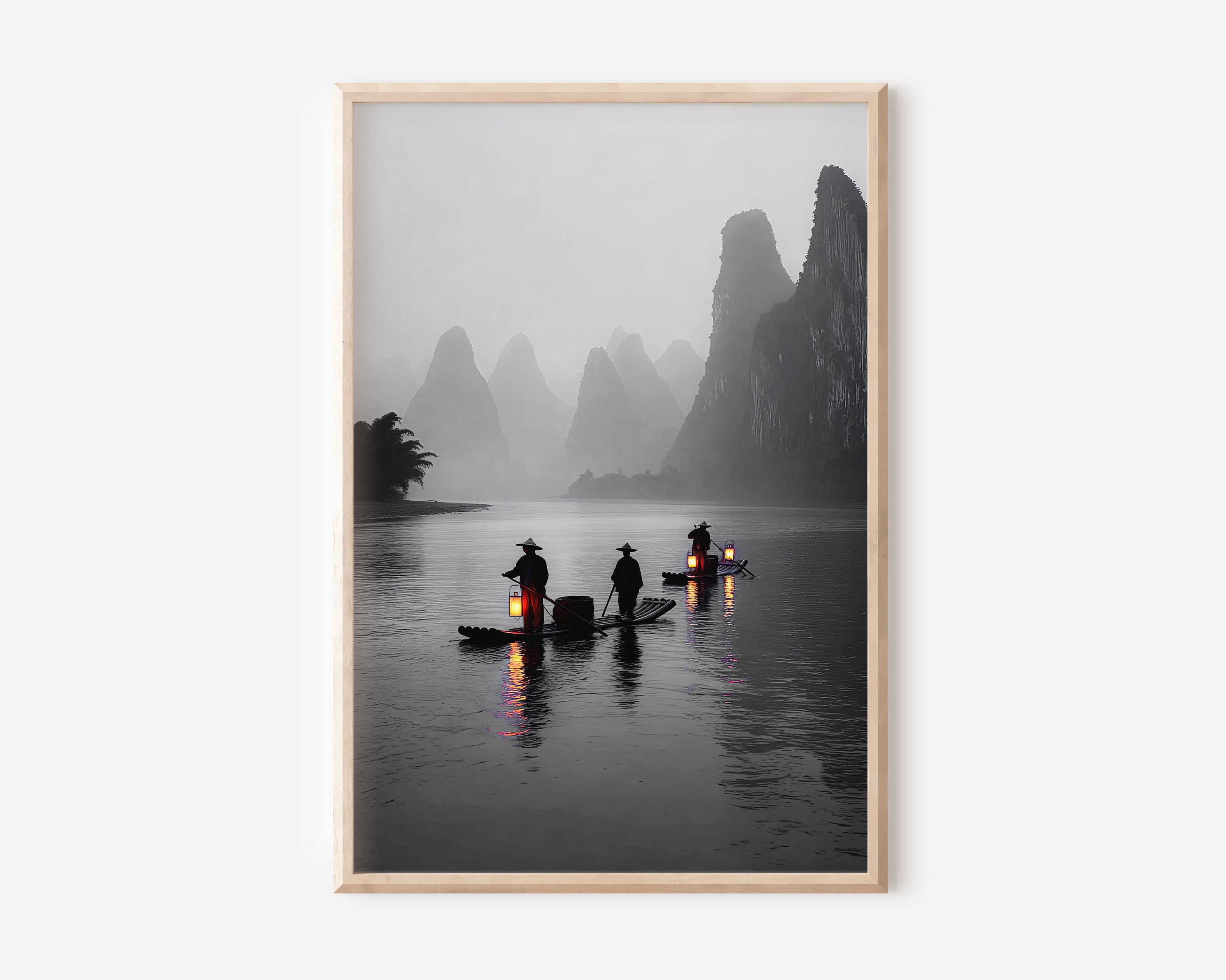 Li River Wall Art Print – Guilin Misty Mountains Canvas, Chinese Landscape Photography, Asian Zen Wall Decor