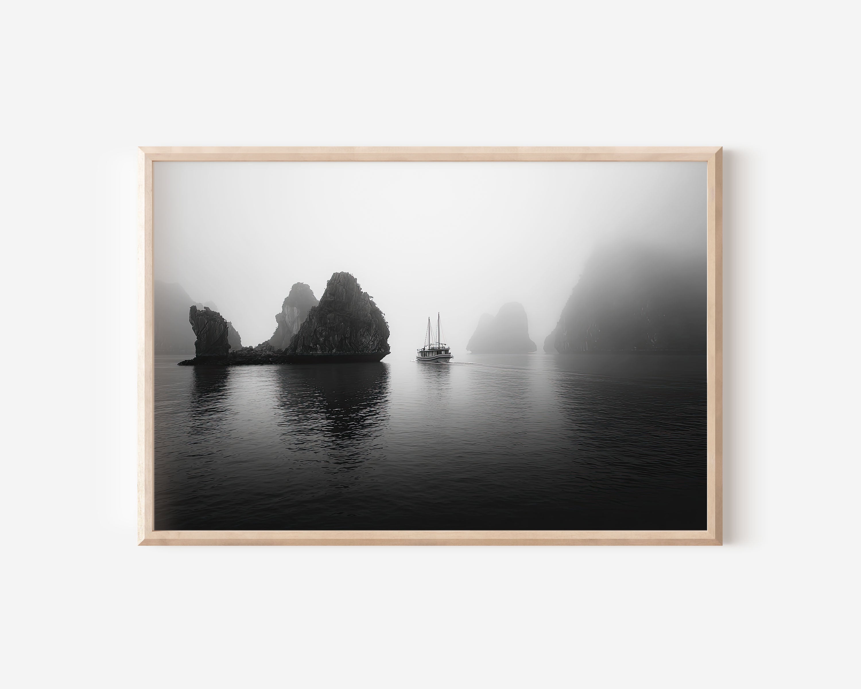 Limestone Cliffs Boat Black & White Wall Art Print