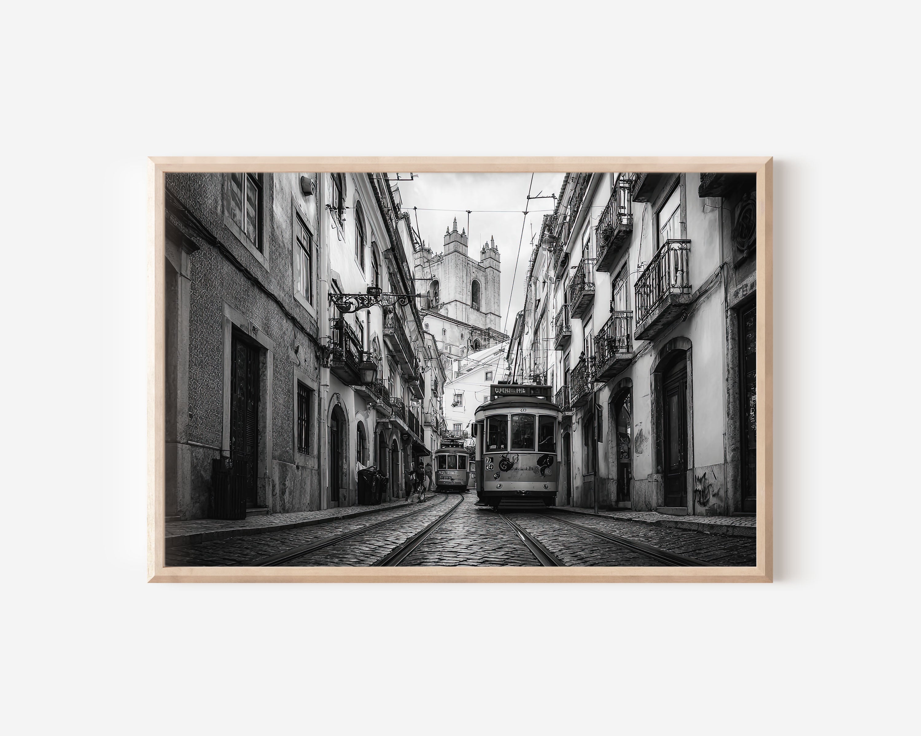 Lisbon Alfama Tram Wall Art Print – Black and White Portugal Photography