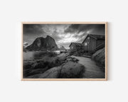 Lofoten Coastal Cabins Wall Art Print – Black and White Norway Photography