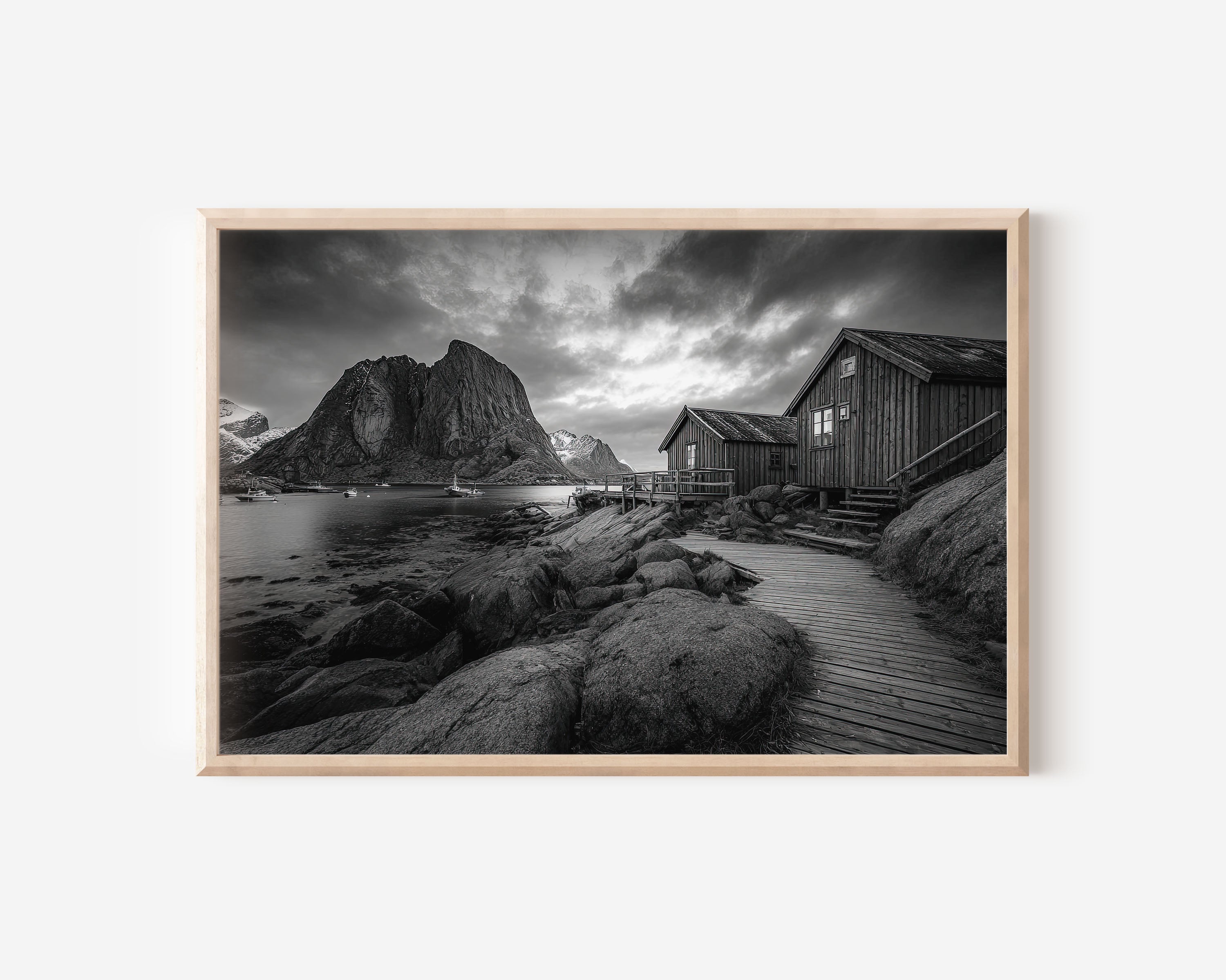 Lofoten Coastal Cabins Wall Art Print – Black and White Norway Photography