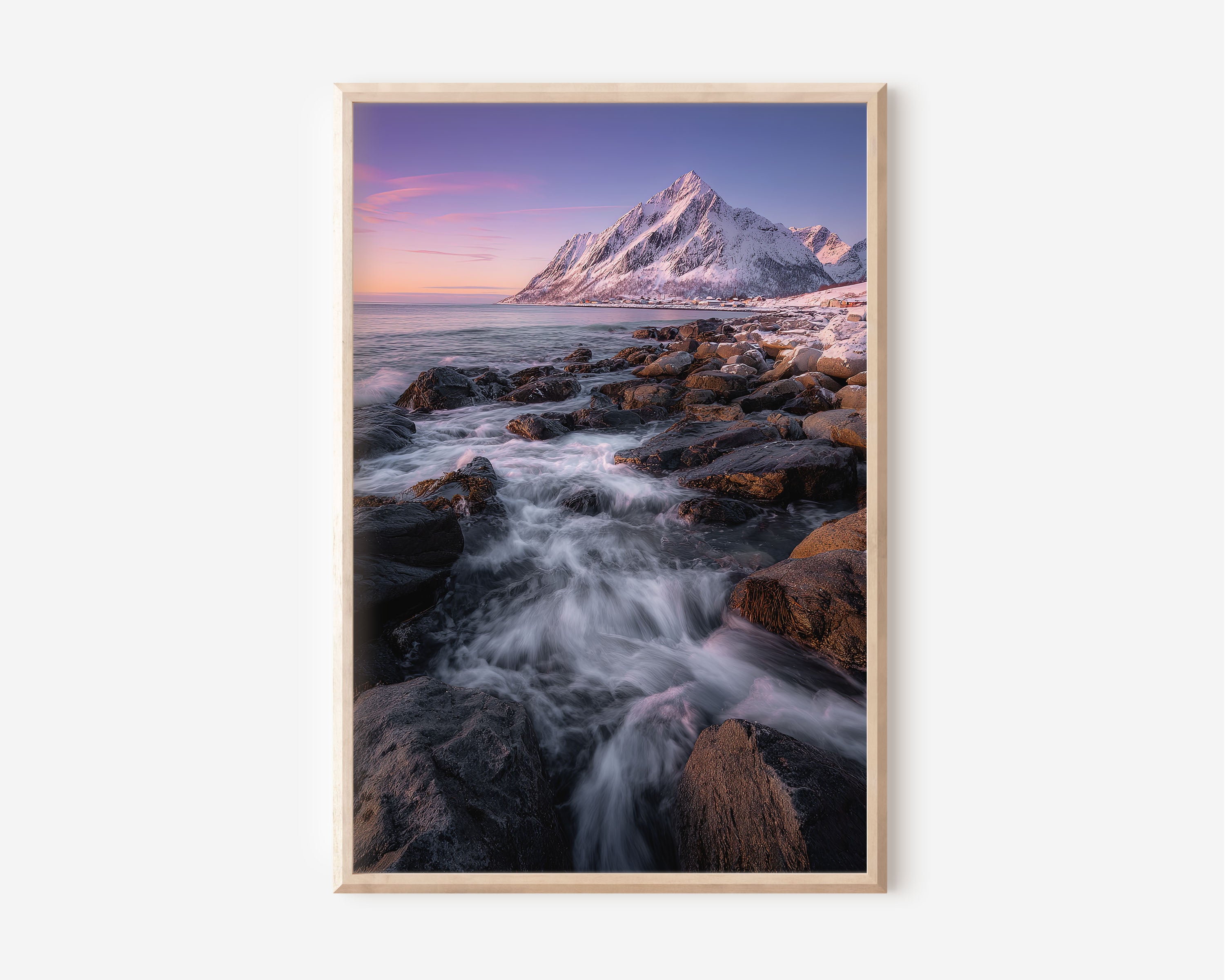 Lofoten Islands Winter Coastline Sunset Print | Norway Snow Mountain Wall Art | Arctic Rocky Shore Twilight Landscape Photography Poster