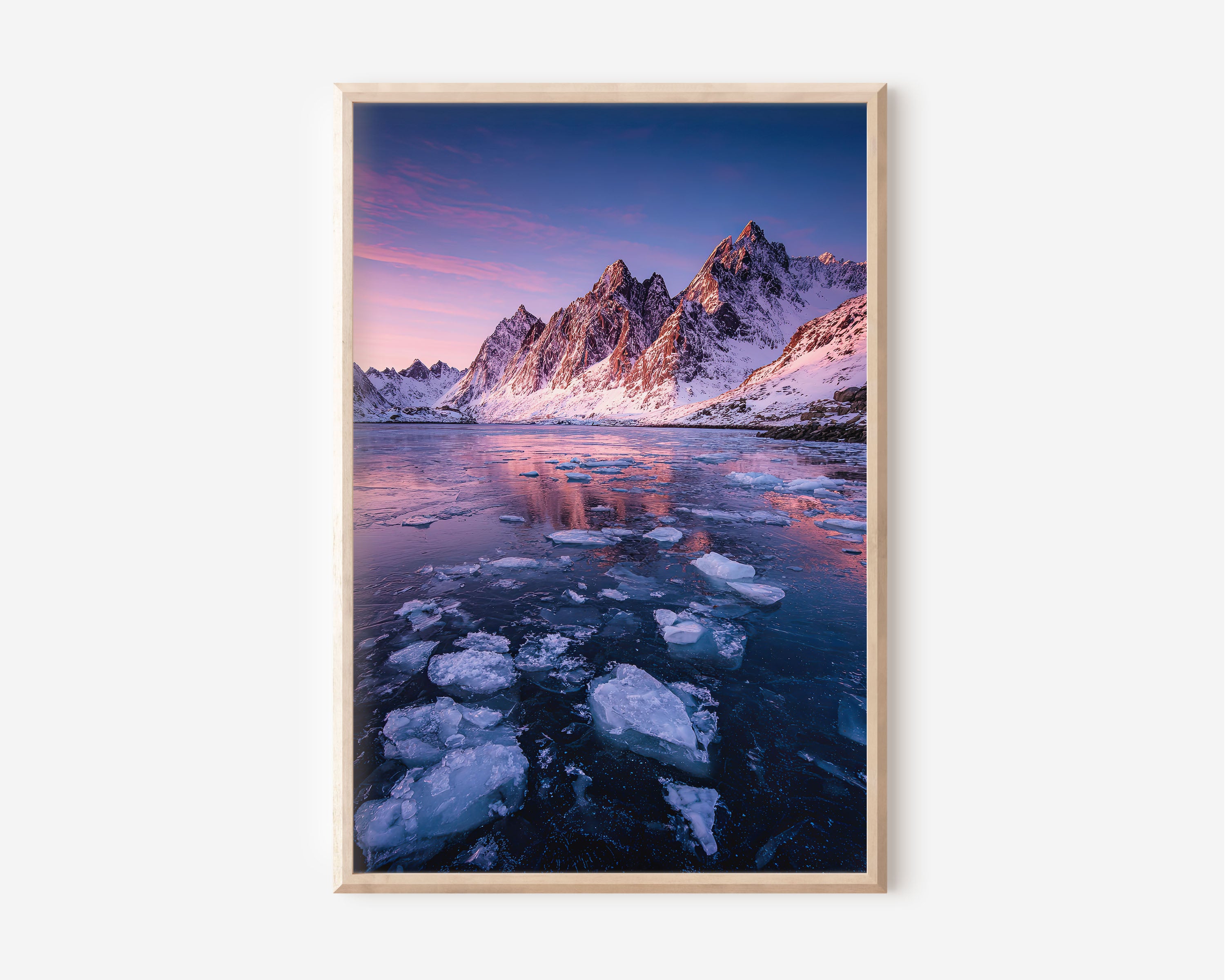 Lofoten Islands Frozen Fjord Sunset Print | Norway Arctic Winter Wall Art | Lofoten Ice Floe Pink Sky Mountain Landscape Photography Poster