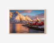 Lofoten Norway Red Cabins Wall Art Print – Snowy Fjord Sunset Landscape
