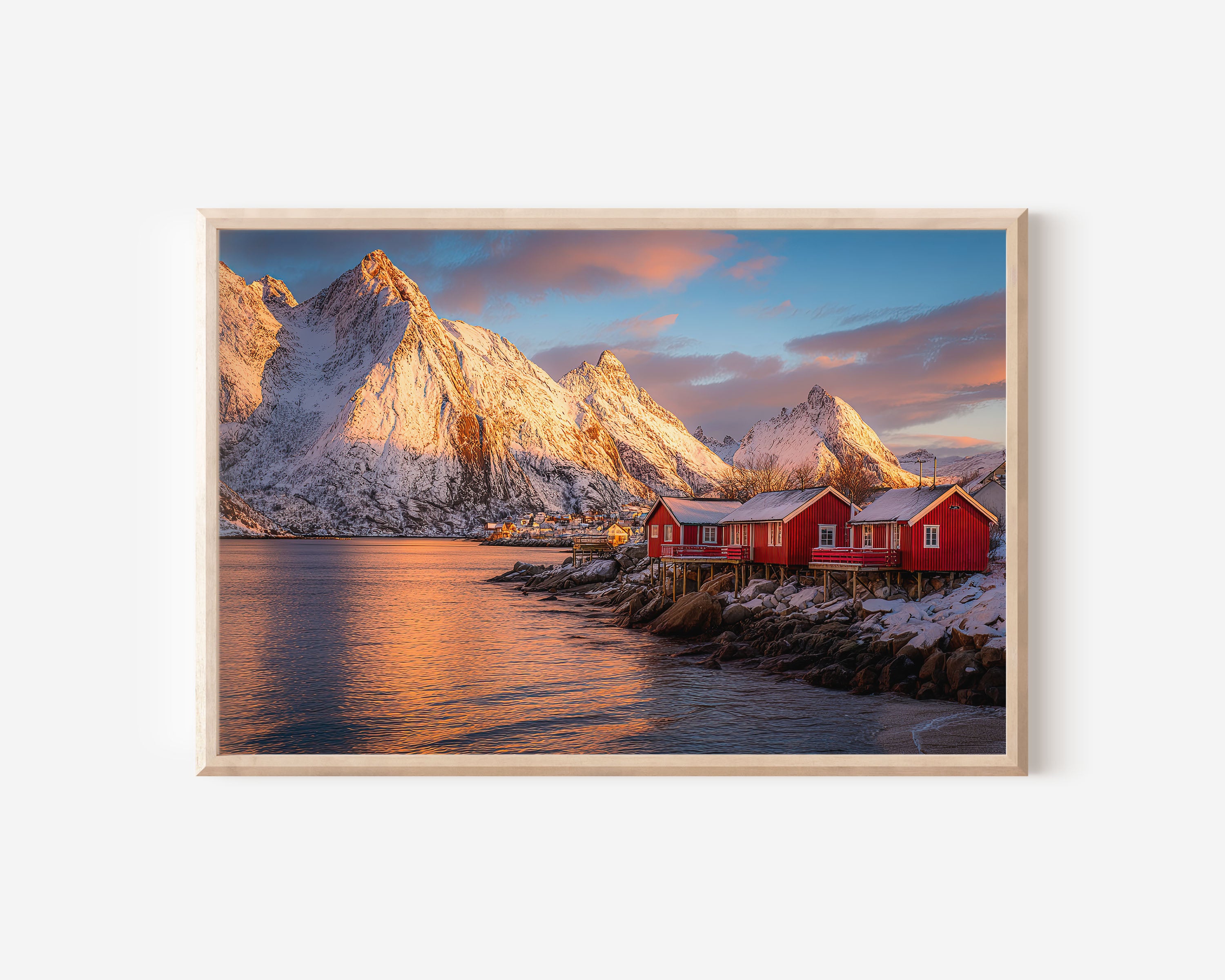 Lofoten Norway Red Cabins Wall Art Print – Snowy Fjord Sunset Landscape