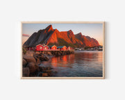 Lofoten Norway Red Fishing Cabins Sunset Wall Art Print – Nordic Fjord Landscape