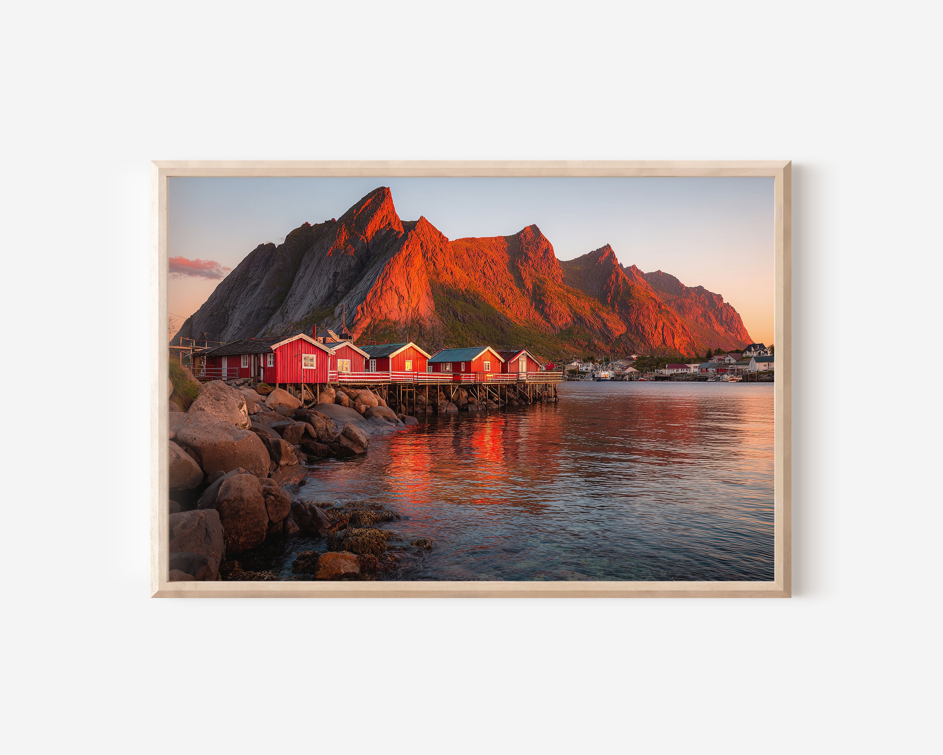 Lofoten Norway Red Fishing Cabins Sunset Wall Art Print – Nordic Fjord Landscape