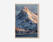 Lofoten Islands Winter Village Snowy Peak Golden Hour Wall Art Print | Norway Arctic Photography | Scandinavian Home Decor